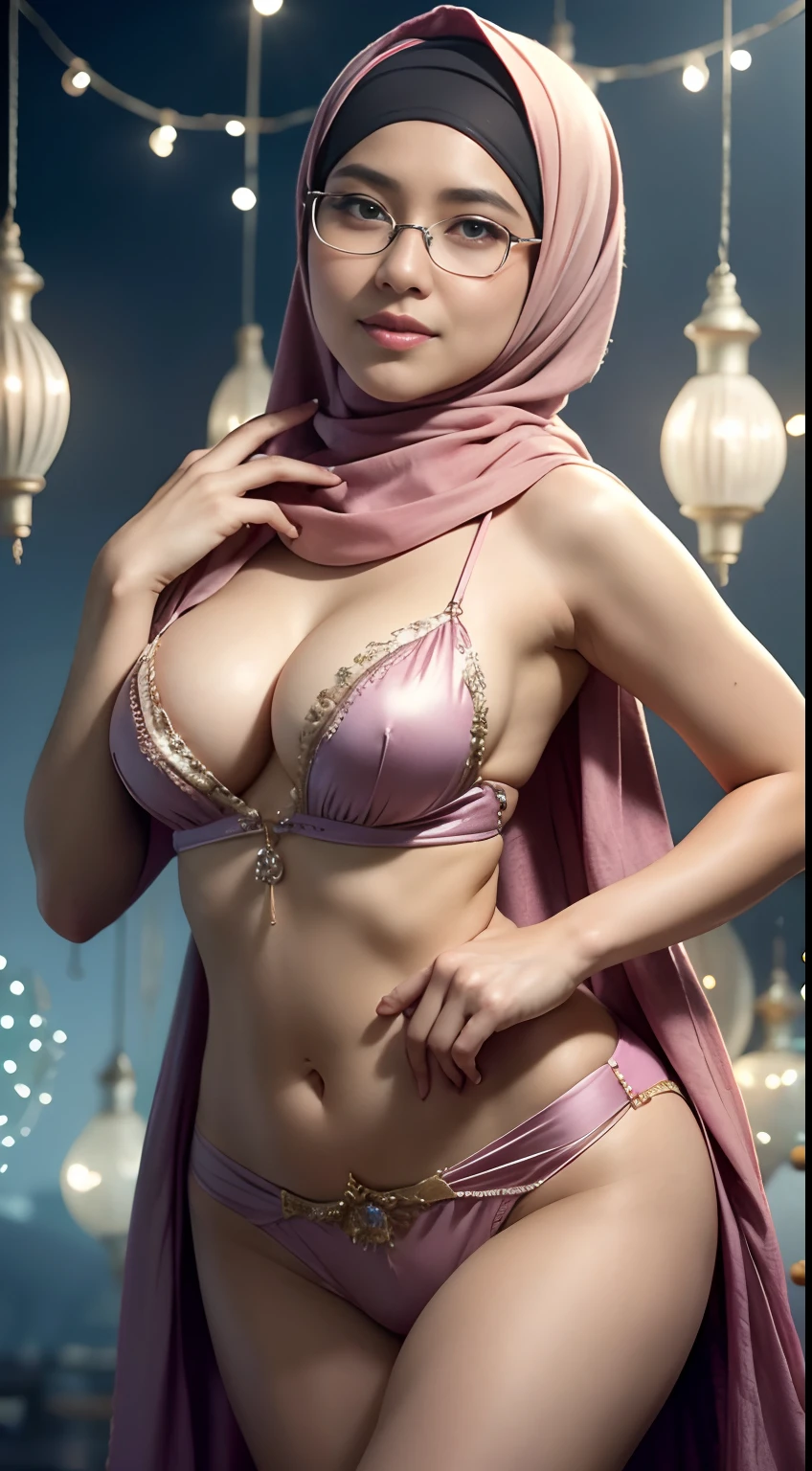 cowboy_pose,naughty, (iu:0.8),cleavage, RAW, Best quality, high resolution, Masterpiece: 1.3, Beautiful glasses pearl_skinned sexy hijabi javanese teen dressed as fairy in magical land with lights, Masterpiece, Soft smile
