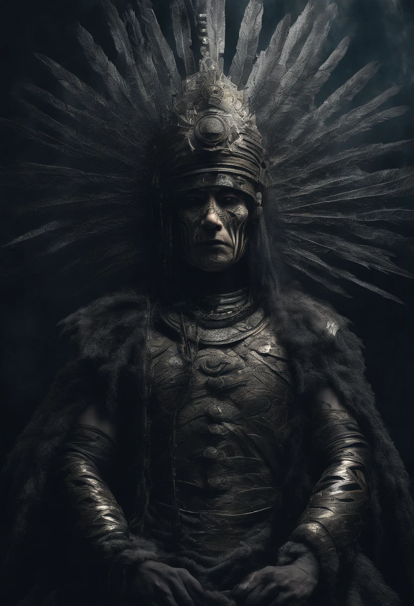 roduce a visually captivating portrait image in a square format. The subject is an enigmatic figure situated amidst a hauntingly atmospheric forest setting during the twilight hours. Foreground: - A tribal chieftain adorned with an intricate ceremonial headdress that encompasses the majority of their head. The headdress is primarily metallic in nature, characterized by swirling, almost labyrinthine patterns and adorned with several symmetrically arranged, protruding bone-like spikes. It also features red gem-like orbs and a centralized, ornate, circular emblem, possibly a tribal insignia or amulet. - The chieftain's face is painted with tribal markings in white, emphasizing the eye sockets and cheekbones, lending a skeletal appearance. Additionally, white bead-like embellishments are draped over the eyes, forming an ethereal veil. - Around the neck are layered metallic adornments and pendants, some with circular motifs and bearing a weathered, antique appearance. - The chieftain holds a lit flame in their right hand, illuminating their visage and casting a gentle amber glow. The flame flickers subtly, revealing minute details of the hands which are marked by age, scars, and experience. Background: - A dim, otherworldly forest shrouded in a mysterious haze. Patches of fog, blue-toned and ethereal, meander around the trees, creating pockets of obscurity and intrigue. - The vertical lines of slender bamboo-like trees stand tall and create a stark contrast against the pervasive murkiness. Lighting: - A subtle, natural backlight filters through the canopy, producing a soft blue ambiance. This contrasts sharply with the warm, fiery luminescence emanating from the flame held by the chieftain. - The juxtaposition of warm and cool light accentuates the texture and depth of every element, particularly highlighting the metallic intricacies of the headdress and the tactile quality of the paint on the chieftain's face. Photography Specifications: - Camera: A high-end DSLR