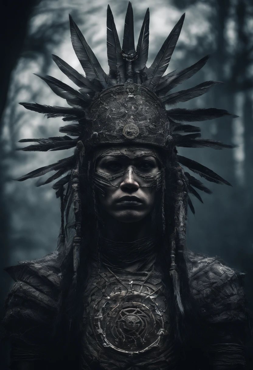 roduce a visually captivating portrait image in a square format. The subject is an enigmatic figure situated amidst a hauntingly atmospheric forest setting during the twilight hours. Foreground: - A tribal chieftain adorned with an intricate ceremonial headdress that encompasses the majority of their head. The headdress is primarily metallic in nature, characterized by swirling, almost labyrinthine patterns and adorned with several symmetrically arranged, protruding bone-like spikes. It also features red gem-like orbs and a centralized, ornate, circular emblem, possibly a tribal insignia or amulet. - The chieftain's face is painted with tribal markings in white, emphasizing the eye sockets and cheekbones, lending a skeletal appearance. Additionally, white bead-like embellishments are draped over the eyes, forming an ethereal veil. - Around the neck are layered metallic adornments and pendants, some with circular motifs and bearing a weathered, antique appearance. - The chieftain holds a lit flame in their right hand, illuminating their visage and casting a gentle amber glow. The flame flickers subtly, revealing minute details of the hands which are marked by age, scars, and experience. Background: - A dim, otherworldly forest shrouded in a mysterious haze. Patches of fog, blue-toned and ethereal, meander around the trees, creating pockets of obscurity and intrigue. - The vertical lines of slender bamboo-like trees stand tall and create a stark contrast against the pervasive murkiness. Lighting: - A subtle, natural backlight filters through the canopy, producing a soft blue ambiance. This contrasts sharply with the warm, fiery luminescence emanating from the flame held by the chieftain. - The juxtaposition of warm and cool light accentuates the texture and depth of every element, particularly highlighting the metallic intricacies of the headdress and the tactile quality of the paint on the chieftain's face. Photography Specifications: - Camera: A high-end DSLR