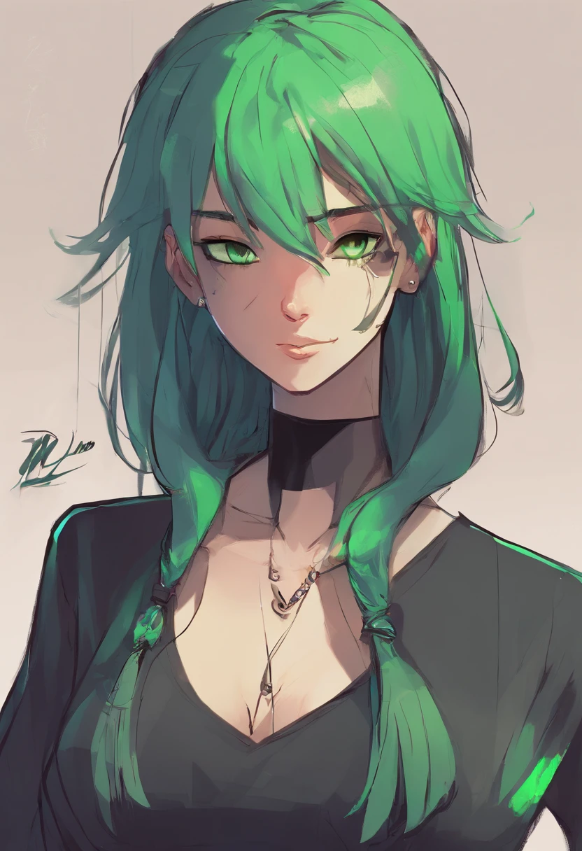 teenage girl, green hair, straight hair, bangs, side shaved hair, long green hair, green eyes, black shirt, evil smile, 2d, cartoon style