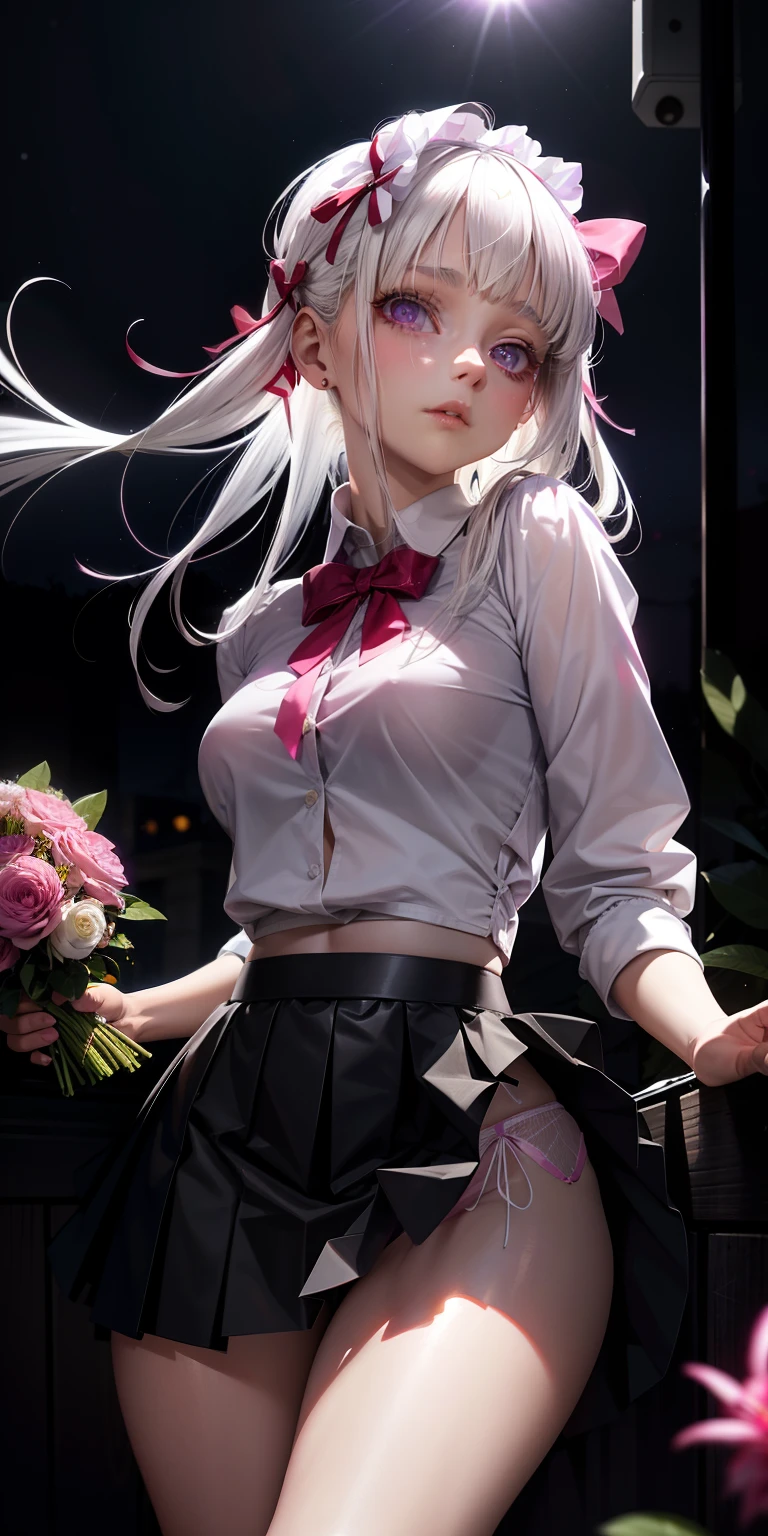 realisticlying,1girll,White hair,Purple eye,glowing light eyes,Cut the top,a skirt,parted lip,Be red in the face,the night,fresh flowers,suns,Cyprus,The skirt is turned up,Reveals pink bow panties