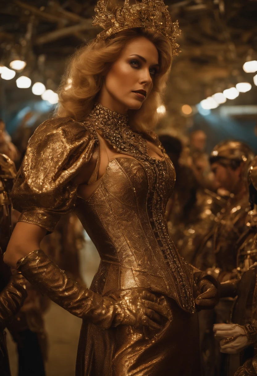 A close-up of a woman in a corset dress with a group of people, El arte del cartel de Edwards, Armadura dorada y de cobre, Mech, setentas, Cara como Ester Exposito, 1 9 7 0 s hembra viva, Marco clave, Dollpunk, Banda de oro alrededor de sus pechos, barbarella, metalic, mechanic, Mechanical superstructure
