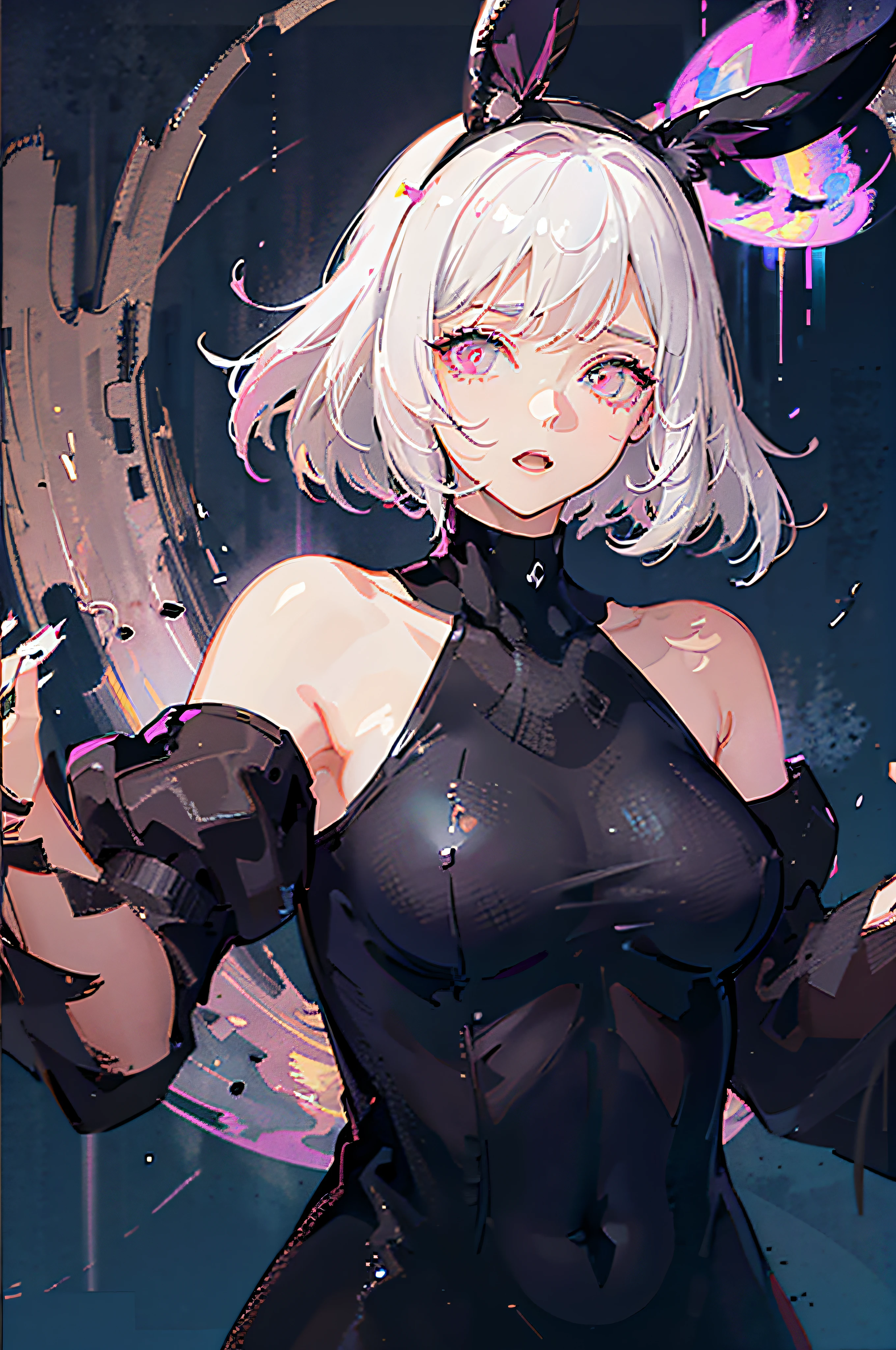 (masterpiece, best quality:1.3), 8k, official art, raw photo, absurdres, cyber, girl, (white hair, shiny white body suit, lines on body, slender:1.4), sleeveless, arch back, spread legs, cowboy shot, sitting, thighs, ((glow:1.8)), (thick pink liquid dripping from body:1.5), pink bracelet, sharp focus, highres, ultra detailed, finely detail, extremely detailed, detailed eyes and face, sharp pupils, realistic pupils, simple background, black background, yellow eyes