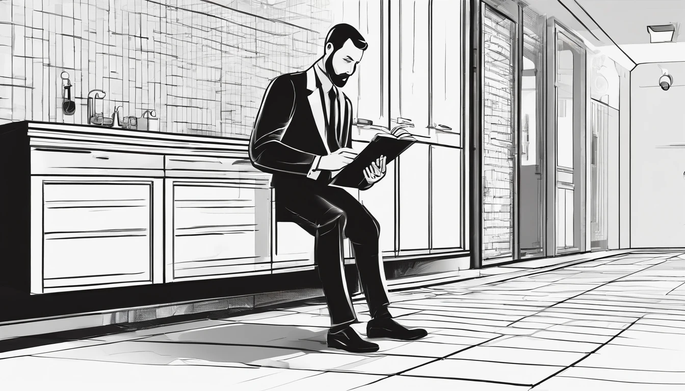 "A man sits on a somewhat dirty floor in the hallway of a small public bathroom. He wears a suit and leather shoes, Holding a book, There was a briefcase next to him. The environment should reflect the public restroom environment."