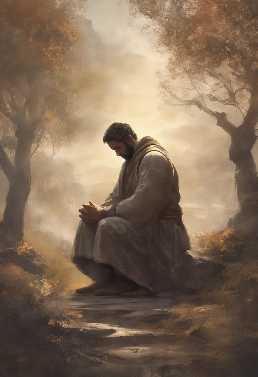 An image of a man kneeling in prayer, outdoors, demonstrating his devotion to God