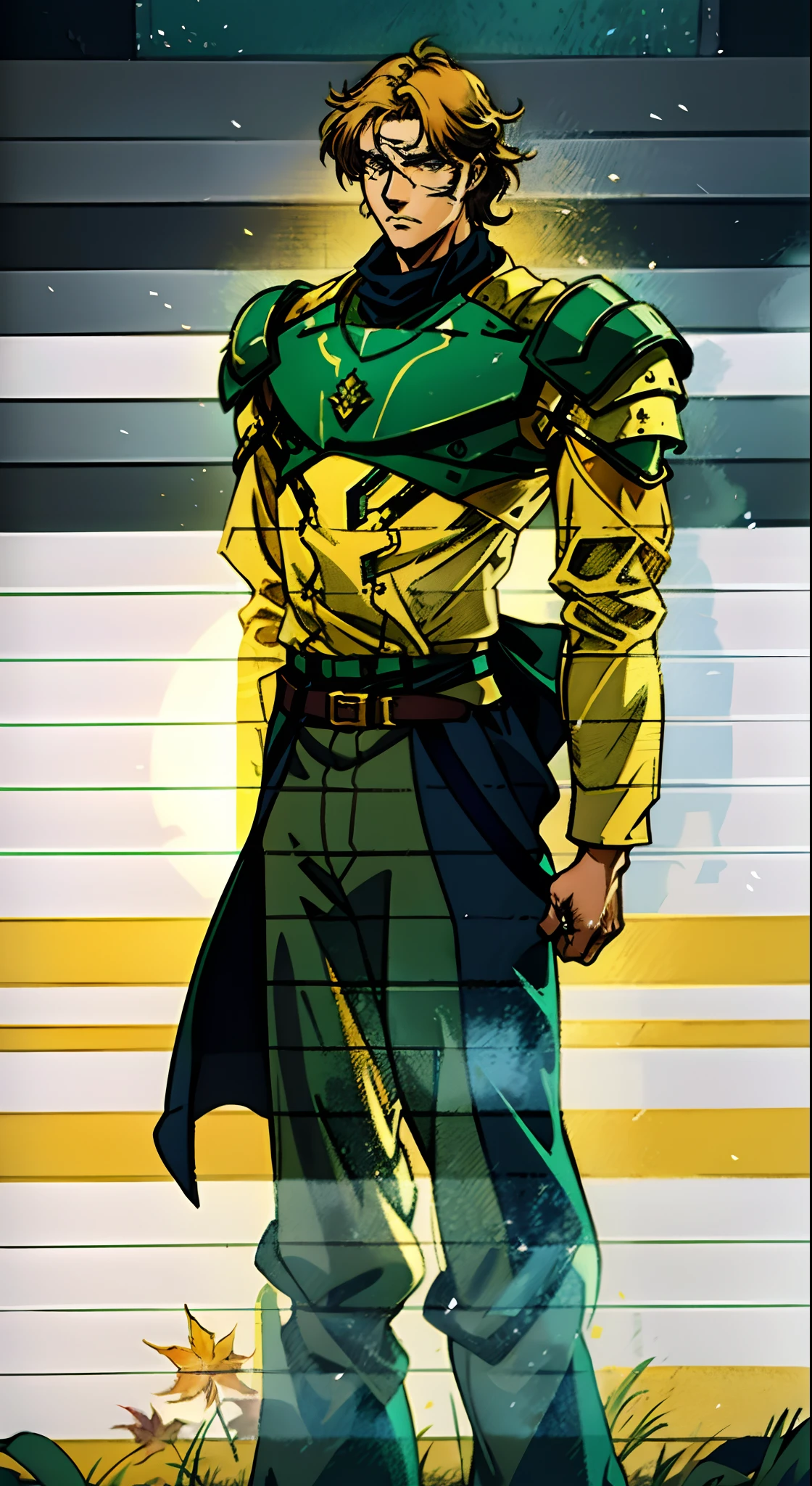 A middle-aged man with short golden hair, thick hair, a large X-shaped scar on his face, has gentle eyes, a calm expression, a fantasy-style coat with leaf-shaped chest armor, the color scheme is mainly grass green, with earthy yellow as secondary colors, a belt around his waist, coarse cloth trousers, the background shows a medieval fantasy-style street with snowflakes falling, this character embodies a finely crafted fantasy-style soldier in anime style, characterized by an exquisite and mature manga illustration art style, high definition, best quality, highres, ultra-detailed, ultra-fine painting, extremely delicate, professional, anatomically correct, symmetrical face, extremely detailed eyes and face, high quality eyes, creativity, RAW photo, UHD, 8k, Natural light, cinematic lighting, masterpiece:1.5