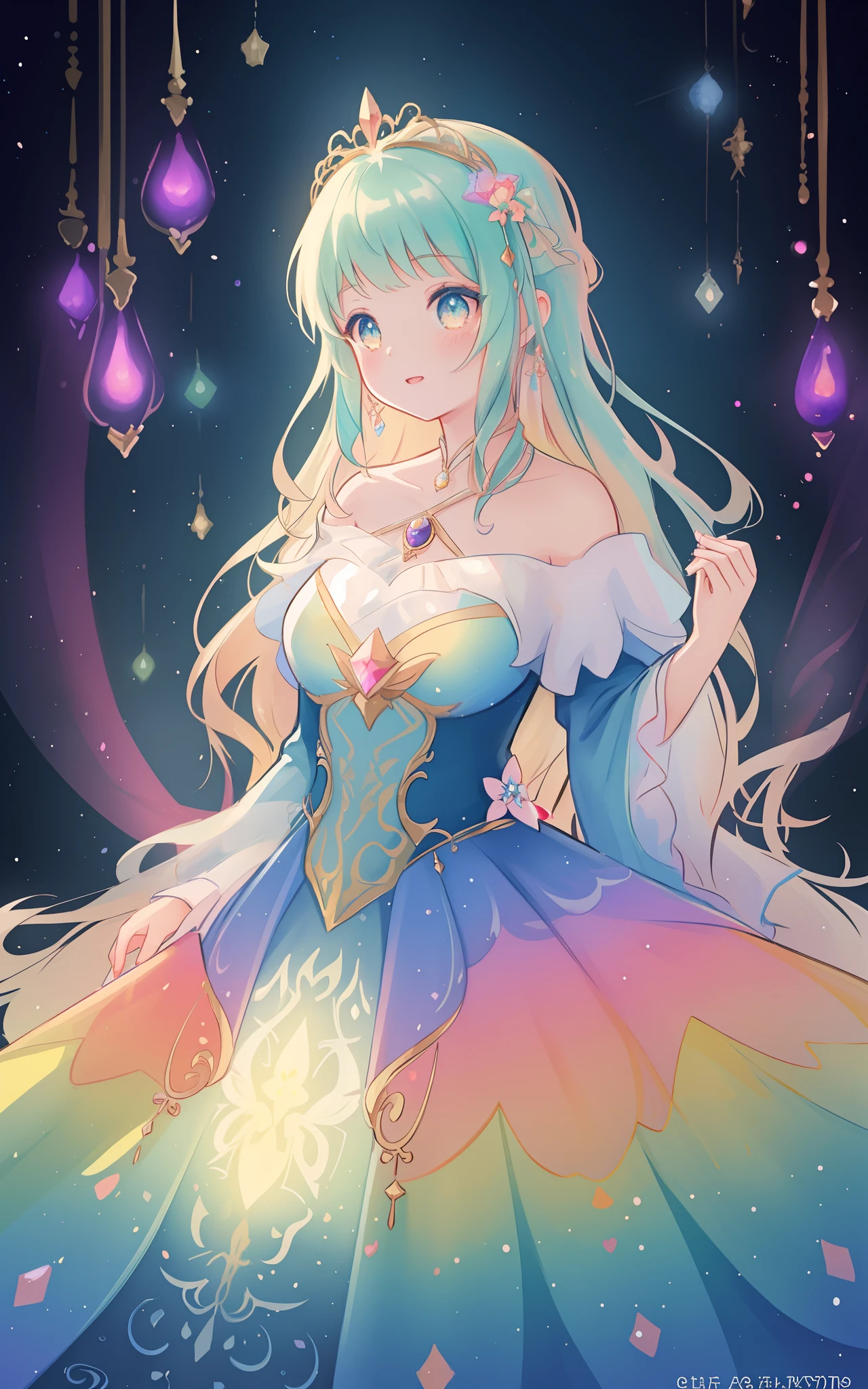 beautiful girl in an intricately designed layered rainbow ballgown, ((colorful)), flowing puffy long sleeves, young beautiful girl, flowing gown, inspired by Glen Keane, inspired by Lois van Baarle, disney art style, by Lois van Baarle, glowing aura around her, by Glen Keane, jen bartel, glowing lights! digital painting, flowing glowing hair, glowing flowing hair, beautiful digital illustration, fantasia background, whimsical, magical, fantasy, beautiful face, ((masterpiece, best quality)), intricate details, highly detailed, sharp focus, 8k resolution, sparkling detailed eyes, liquid watercolor