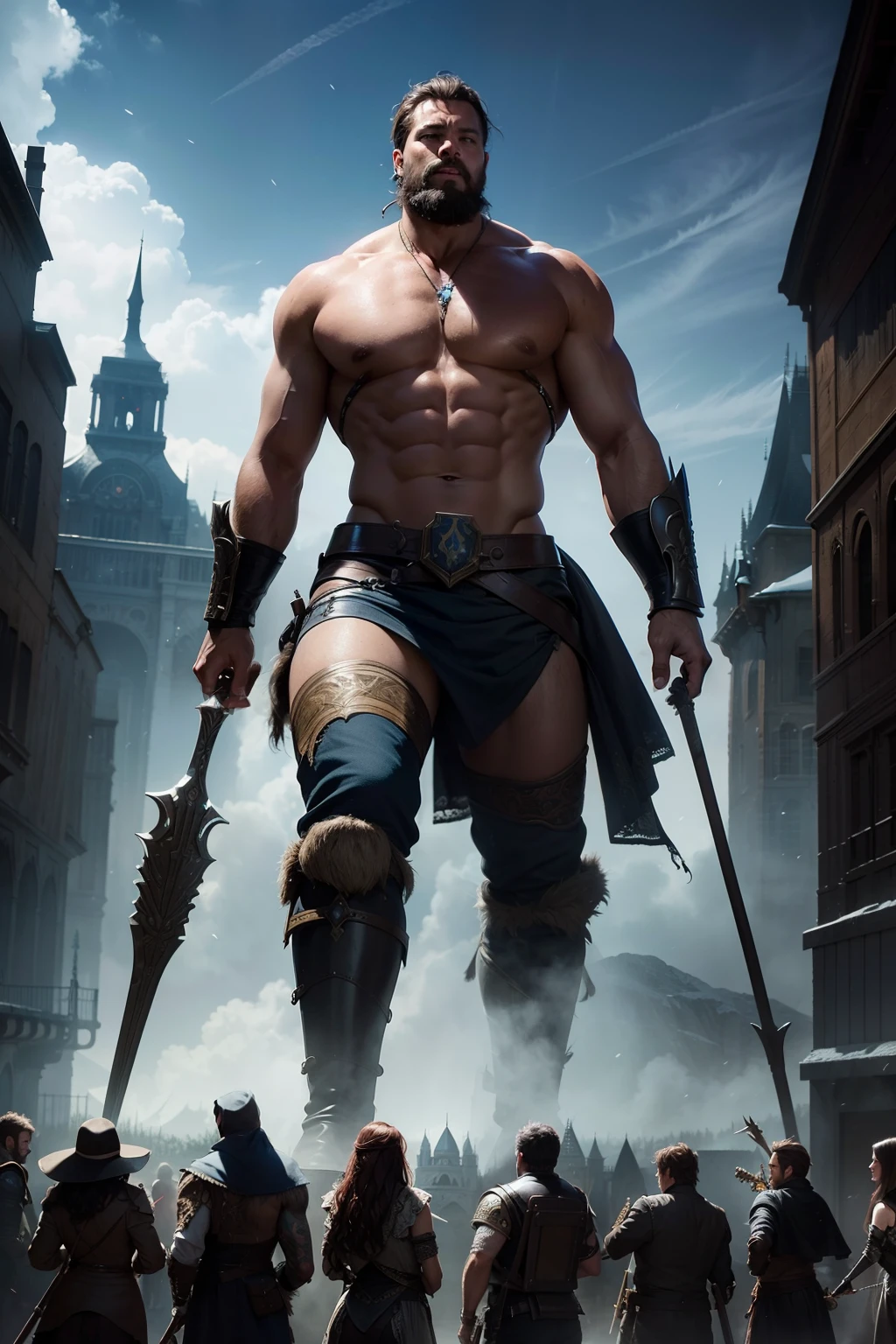 picture of massive revenant, looking down to a party of five adventurers, highly detailed, detailed face, smooth, sharp focus, chiaroscuro, digital painting, artgerm and greg rutkowski and alphonse mucha