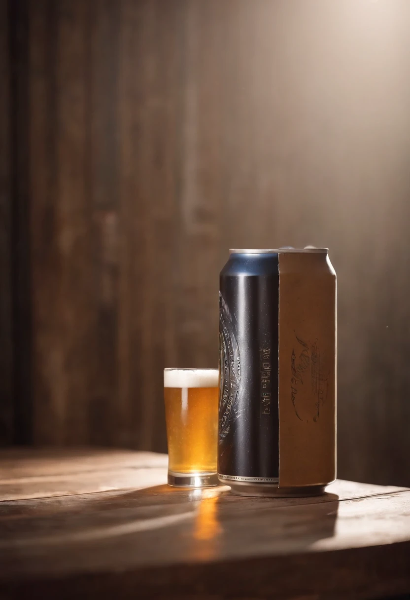 a can of beer on a wooden surface,com exuberantes e maravilhosos trigos,foto realista ,Epic composition ,advertising scene,iluminada com 3 pontos de luz,fotografado com uma camera phaseone IQ180 com lente 24 milimetros,hero shot view,epic composition ,cinematica,cinematic color grading