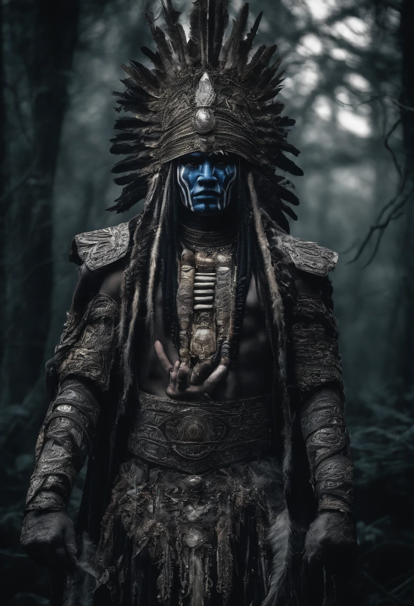 Echoes , high quality photo of a mistic shaman cyberpunk in a Dune's scene, portrait of a futuristic shaman voodoo master cyborg,