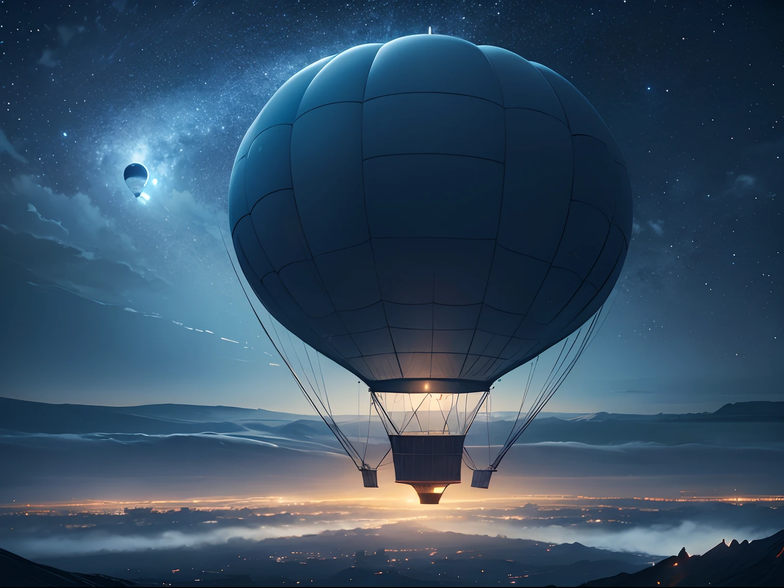 best quality, 8k, cinematography, surrealism, zeppelin-shaped hot air balloon, darkness, blue flame, night sky, stars, realistic fog, night scene, desaturated colors, authentic design, sharp focus, depth-of-field, wallpaper, epic scenery