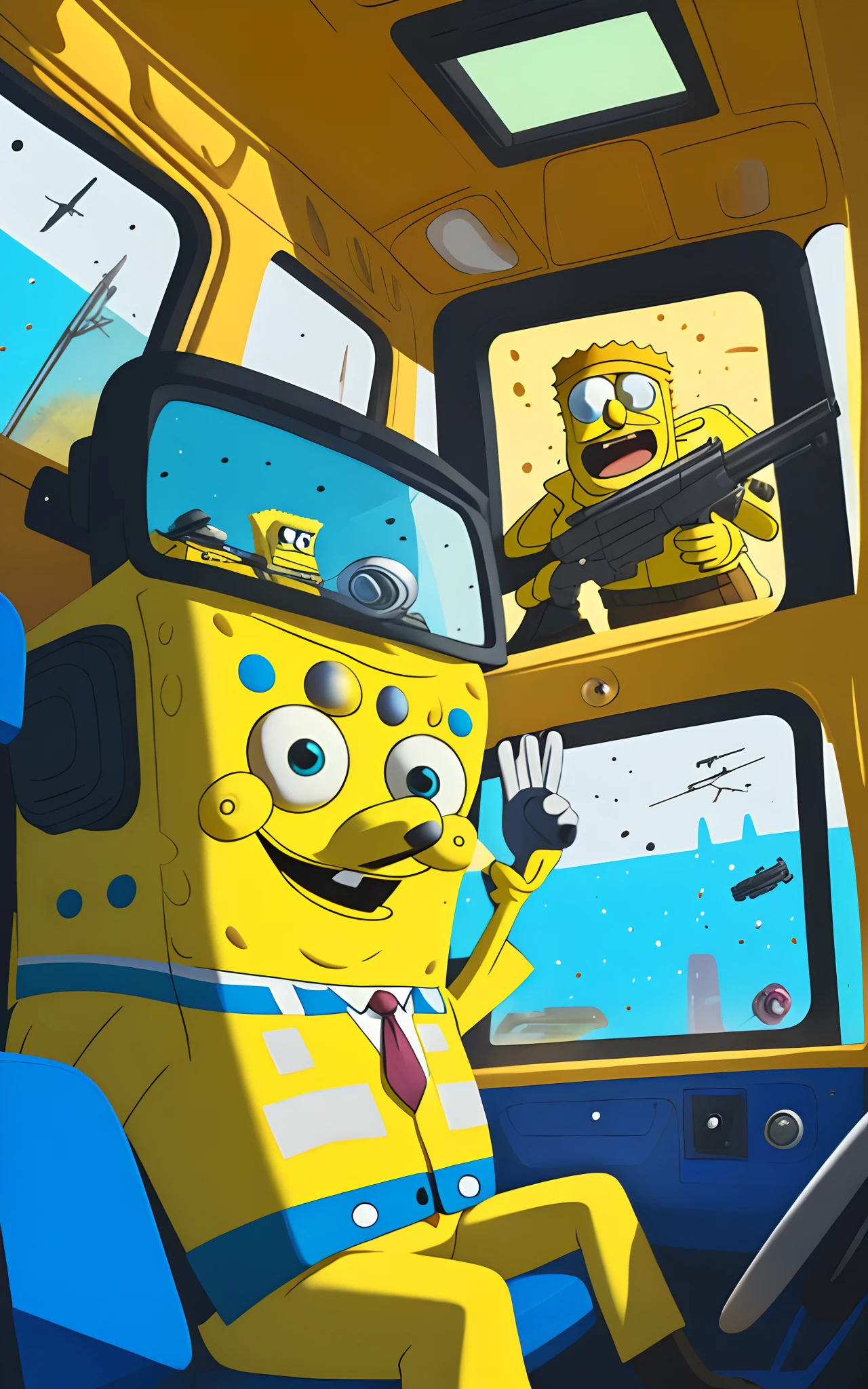 spongebob and patrick in a ford truck with guns on a high speed chase while looking out the window and shooting back at the police while wearing a vest