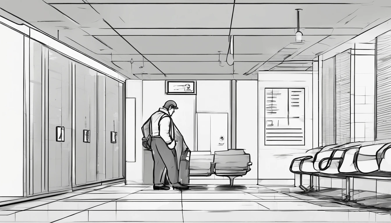 "A man sits on the floor,In a somewhat dirty airport public restroom. He wears a suit and leather shoes, Holding a book, There was a briefcase next to him. The environment should reflect the public restroom environment."
