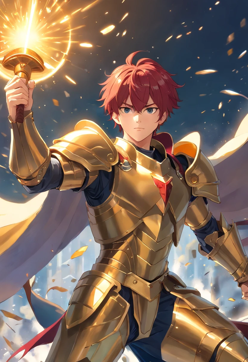 world of warcrat holy paladin male with red hair and small beard in large golden full-body armor, in a position to attack and defend, holding a large golden mallet in his right hand and wearing a golden shield in his left hand