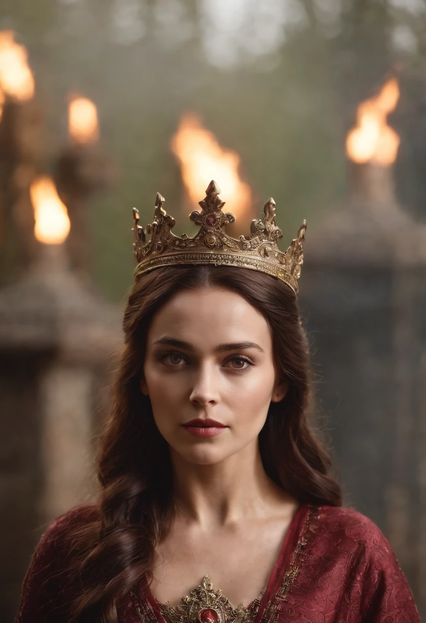 A rainha do inferno, sentada em seu trono, segurando um tridente em chamas em um ambiente sombrio
