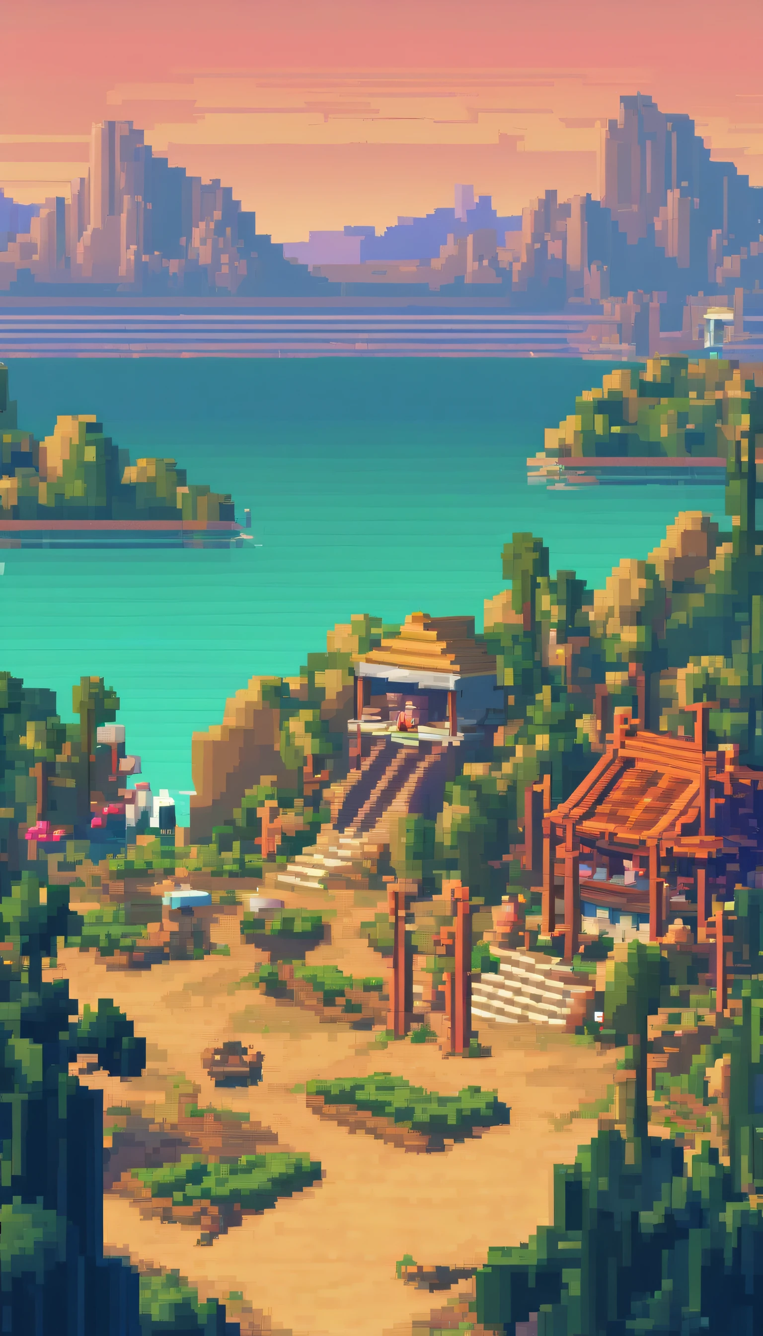 Pixel art tourism landscape. Evening. 3D pixel art 4K wallpaper. Incredible pixel art detail. Pixel art. Steam waves. Detailed Unreal Engine pixel art