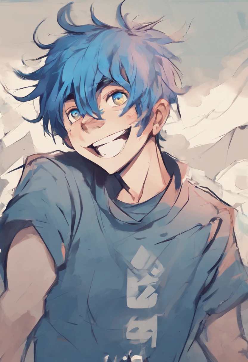 blue hair boy, teenage boy, medium long hair, big smile, happy face, messy hair, blye eyes, 2D, cartoon style