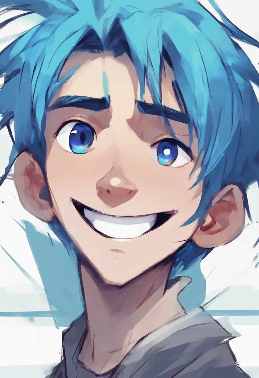 blue hair boy, teenage boy, medium long hair, big smile, happy face, messy hair, blye eyes, 2D, cartoon style