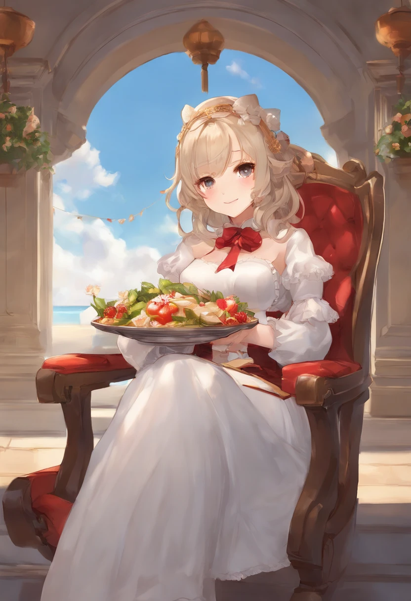 Anime girl sitting in a chair with a bowl of food in her hand, Chica alquimista, Portada de novela ligera, Arte Oficial, epic light novel art cover, Ilustraciones oficiales, epic light novel cover art, loli, isekai, small curvy loli, Cushart Krenz, Cushart, Cushart Krenz Key Art Femenino, Estilo Shadowverse, Moe