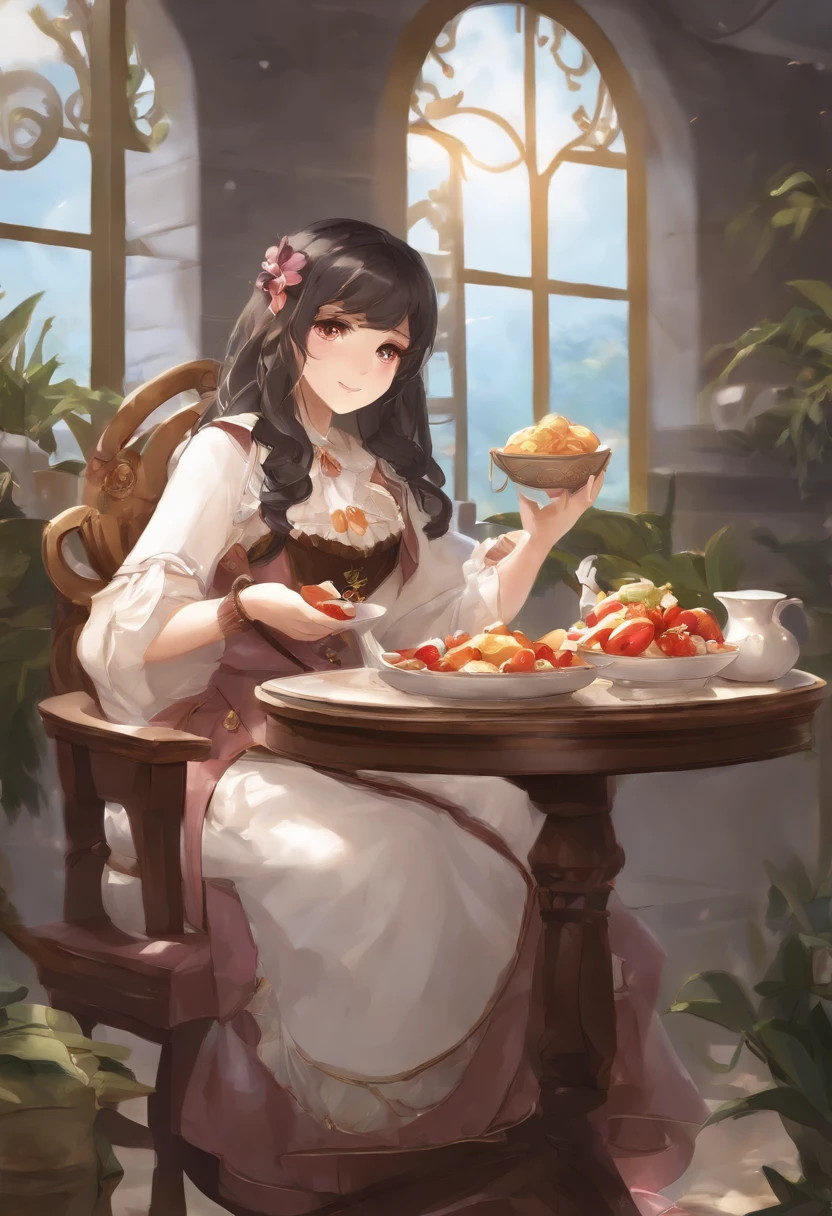 Anime girl sitting in a chair with a bowl of food in her hand, Chica alquimista, Portada de novela ligera, Arte Oficial, epic light novel art cover, Ilustraciones oficiales, epic light novel cover art, loli, isekai, small curvy loli, Cushart Krenz, Cushart, Cushart Krenz Key Art Femenino, Estilo Shadowverse, Moe