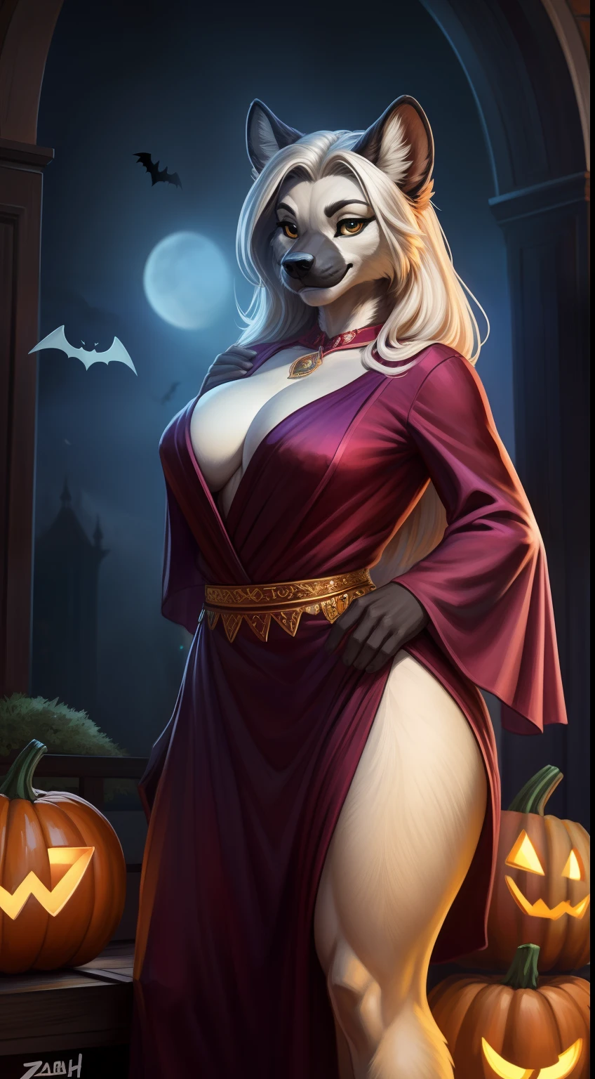 ((((sfw)))), uploaded the e621, beautiful and detailed,woman (((female))) ((anthro)) hyena, Ross Tran, by ruan jia, by zaush, by foxovh ( qualidade 8k ), ( melhor qualidade ), ( Ultra HD ), ( Anatomia do personagem perfeita ), ( perfect lighting ), ( Foto corpo inteiro 8k ), ( Detalhamentos perfeitos ), ( Detalhes do personagem perfeitos ), ( Details of the perfect setting ), ( obra prima ), ( Simetria do rosto do personagem delicado ), ( Construction of the delicate female character ), mulher bela, rosto perfeito, cor da pele branca, corpo perfeito, pernas perfeitas, cor dos olhos mel, cabelos longos lisos, mulher de altura 1.65 ( one meter and sixty-five centimeters ) , usando traje de bruxa halloween completo, vestido de bruxa formal, com manto do halloween, (( Flowing mantle )), (( Manto intrincado )), com capa de bruxa, (( fluttering cover )), Halloween Festival Scenery