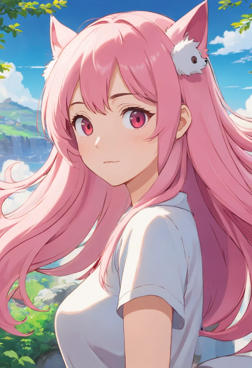 27yr old female ,curvy , Long straight Pink hair , dog ears, no pet, masterpiece, best quality