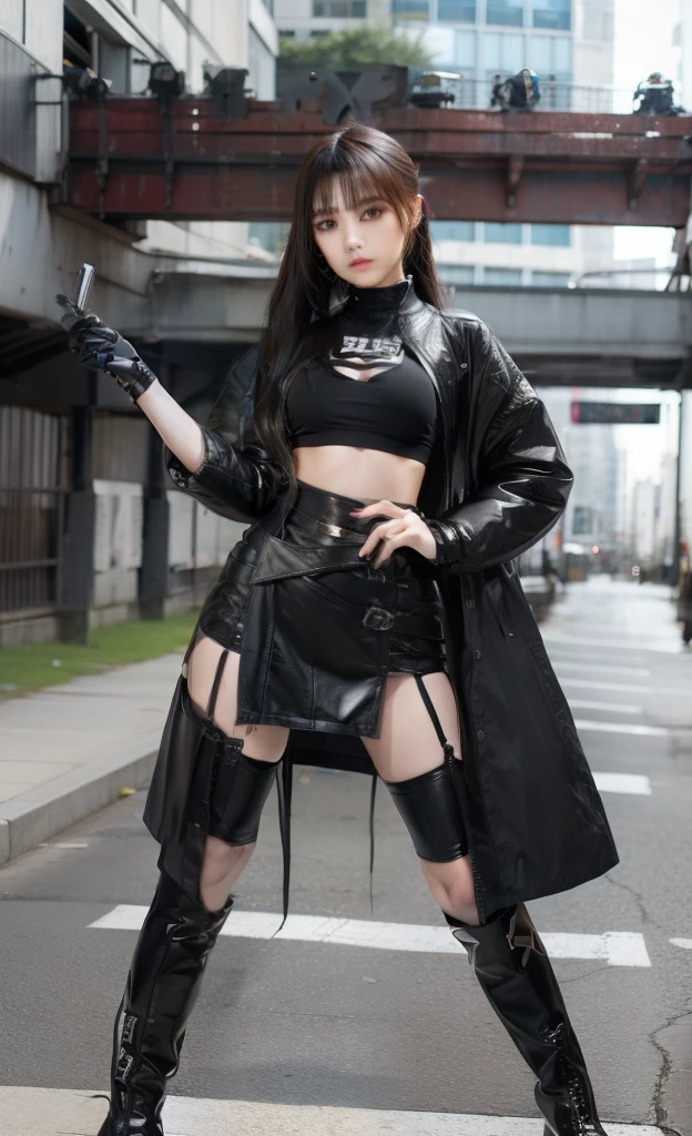 Young cyberpunk woman、Good Style、、Black Base Fashion、Idol face、large full breasts、、a miniskirt、long boots、Junk Armor