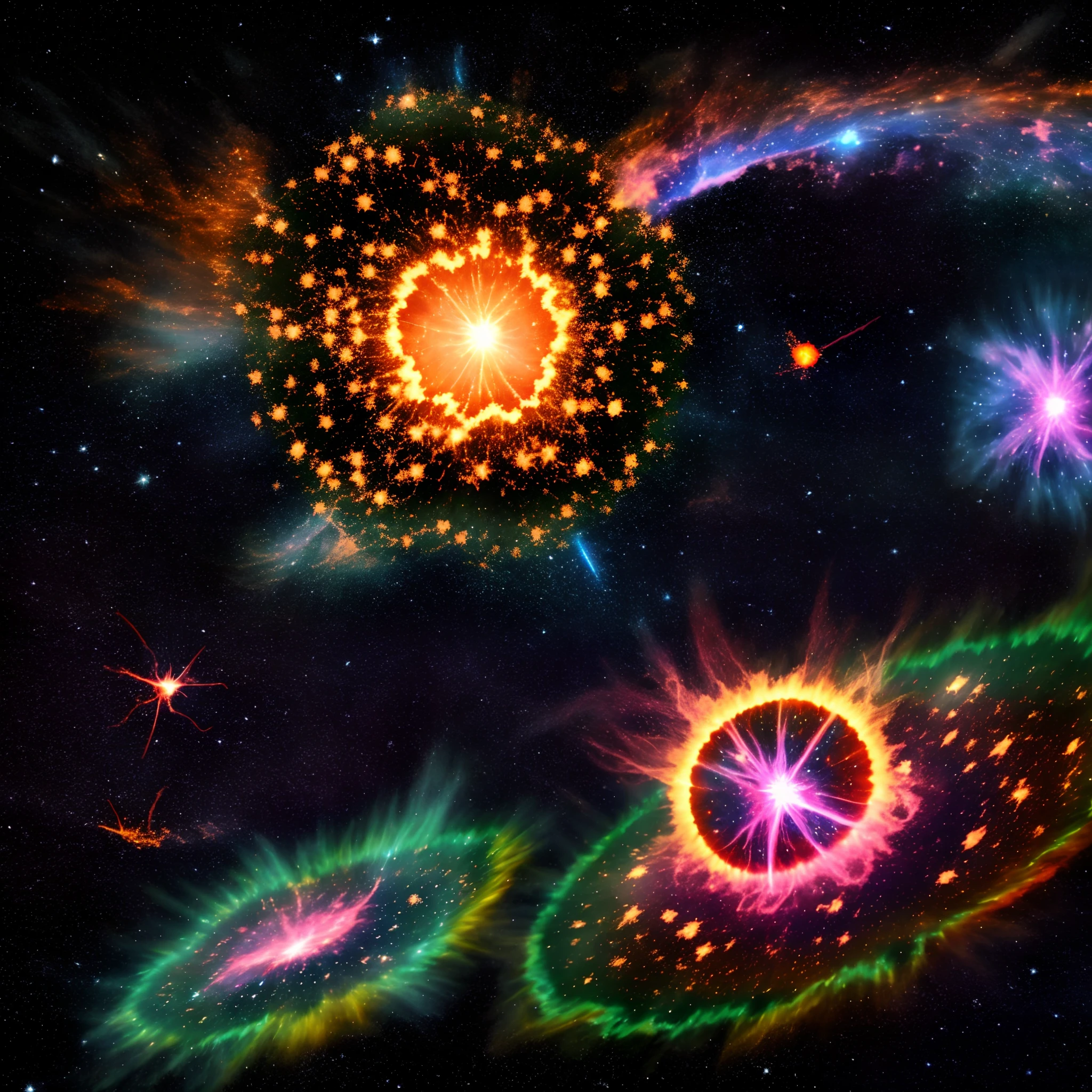 Show an artistic representation of a supernova explosion, accompanied by visualizations of the energy and light it emits.
