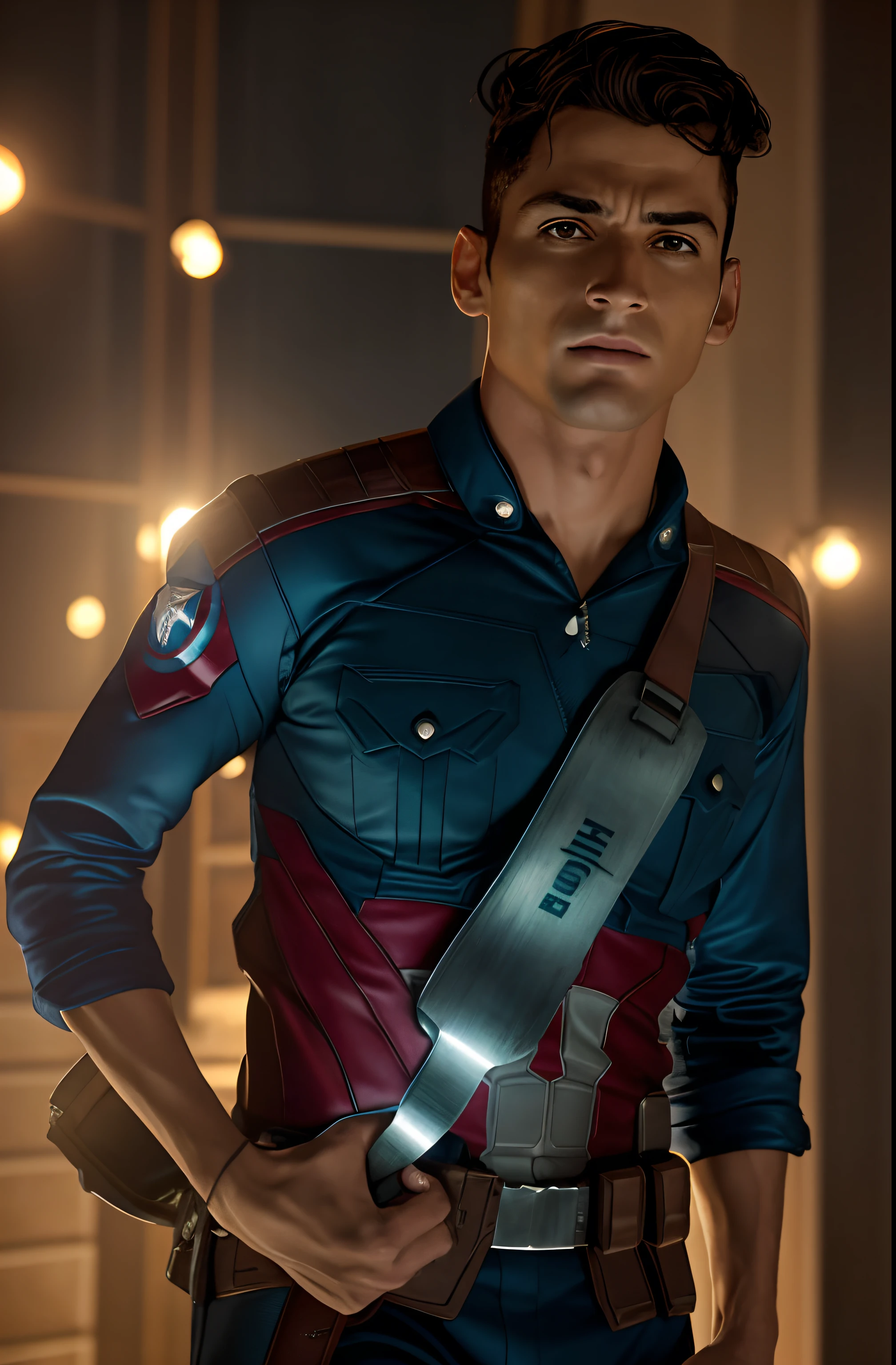 . .Tarantino Cristiano Ronaldo style as Captain America 8k, highes definition, rosto detalhado, rosto detalhado, olhos detalhados, terno detalhado, estilo Marvel e DC, hiper-realista, + Cinematographic shot + dynamic compositing, incrivelmente detalhado, nitidez, detalhes + detalhes soberbos + noite com luz + perfeccionismo + realismo premiado ((soft-lighting))