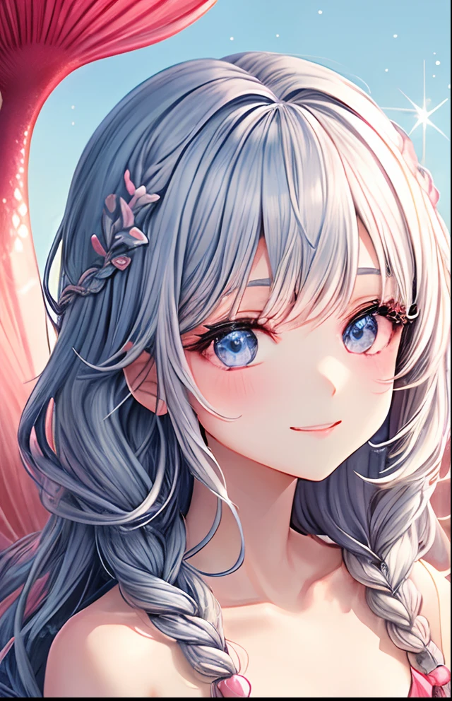 girl with、No background、without background、Background through、white  hair、Light blue eyes、Aimei、The long-haired、Long、Braiding、Pink Little Mermaid、mermaids、pink there、A smile、Glitter、Glitter eyes、kawaii、