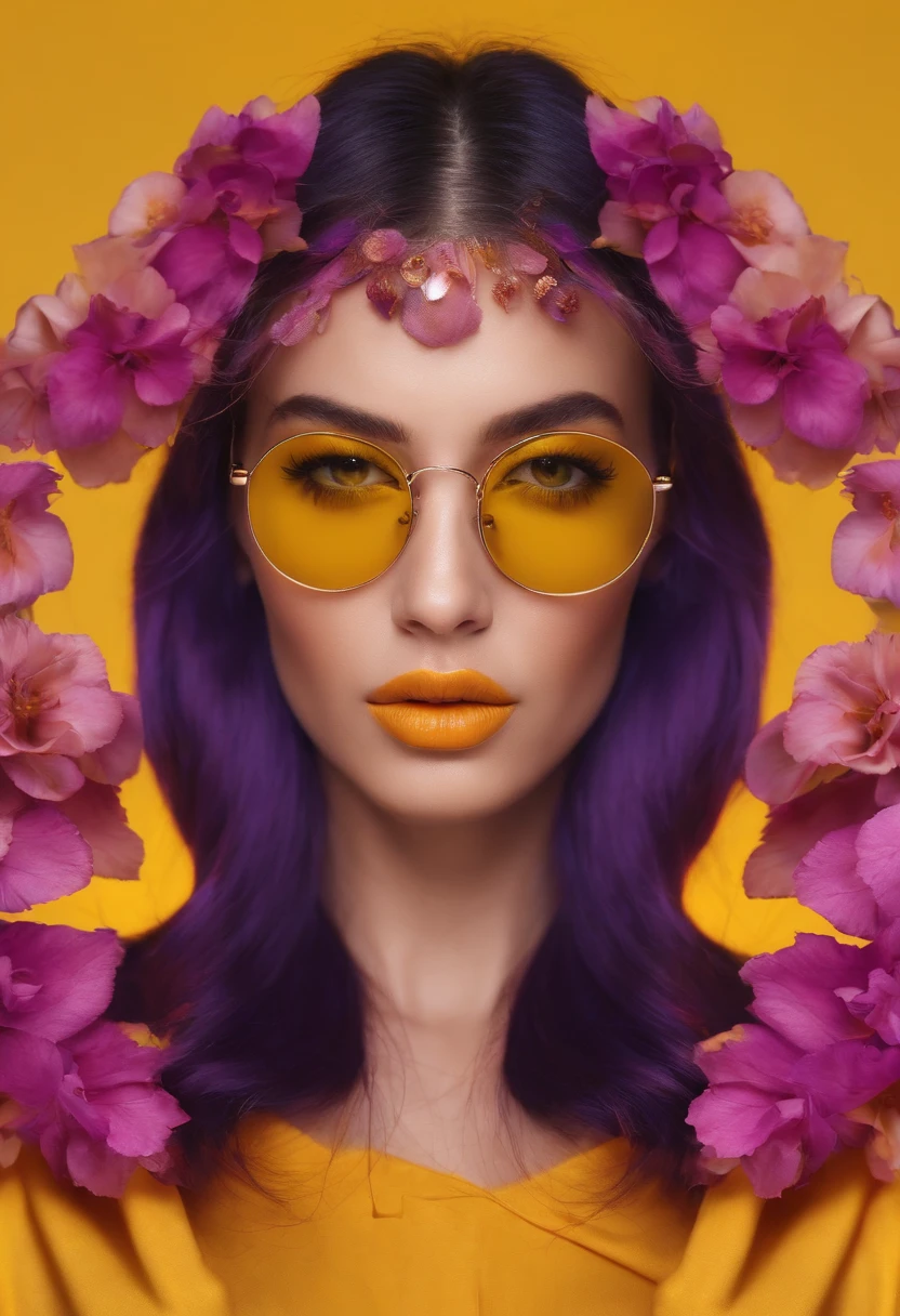 Yae Miko con gafas de sol amarillas de moda, fondo amarillo, cabello rosado, purple eyes