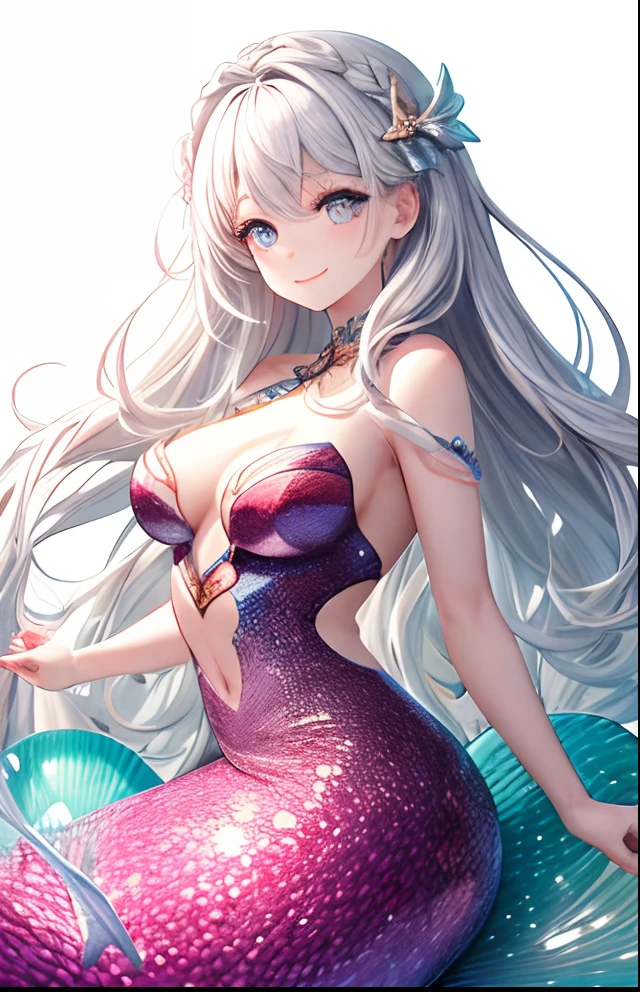 girl with、No background、without background、Background through、white  hair、Light blue eyes、Aimei、The long-haired、Long、Braiding、Pink Little Mermaid、mermaids、pink there、A smile、Glitter、Glitter eyes、kawaii、