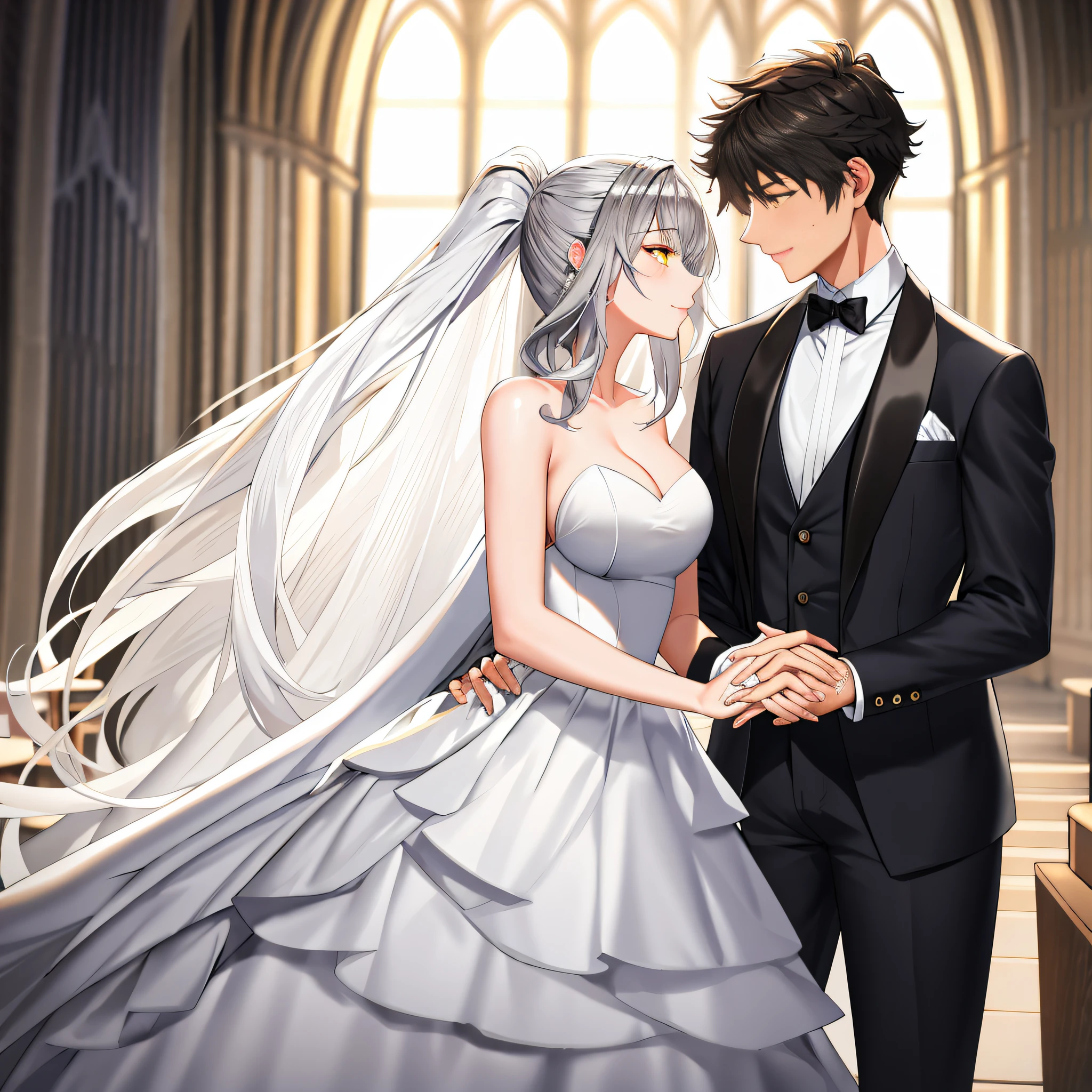 masterpiece, Best quality, masterpiece, Best quality, masterpiece, Best quality, masterpiece, Best quality, high quality, High detail, Ultra detail, HD, 4k, 4280x2240, depth field, (HDR:1.9), Correct anatomy, a masculine boy with short hair black hair abundant brown eyes with full wedding suit from groom to gentleman's suit and Palto flu pants and a girl with very long hair messy hair curly hair wavy hair (((silver hair))) high ponytail with yellow eyes in wedding dress, Dream wedding dress. love. Hand in hand looking at the New Year's sunset sunrise while kissing at church wedding with wedding rings on boy finger and wedding rings on girl finger and smiles, detail, ultra-detail, correct_position, correct_texture, correct_colors, correct_shading, correct_cgi, correct_body, correct_anatomy, correct_proportion, (correct_complete_body), source_anime,score_6_up,score_7_up,score_8_up,score_9,Beautiful eyes,Beatifull_hair, Eyesclothing cutout,garter belt,veil,see-through,wide sleeves,white thighhighs,white leotard,long sleeves,frilled sleeves,frills,bridal veil, detail_eyes, detail_hair, detail_skin, beatifull_detail
