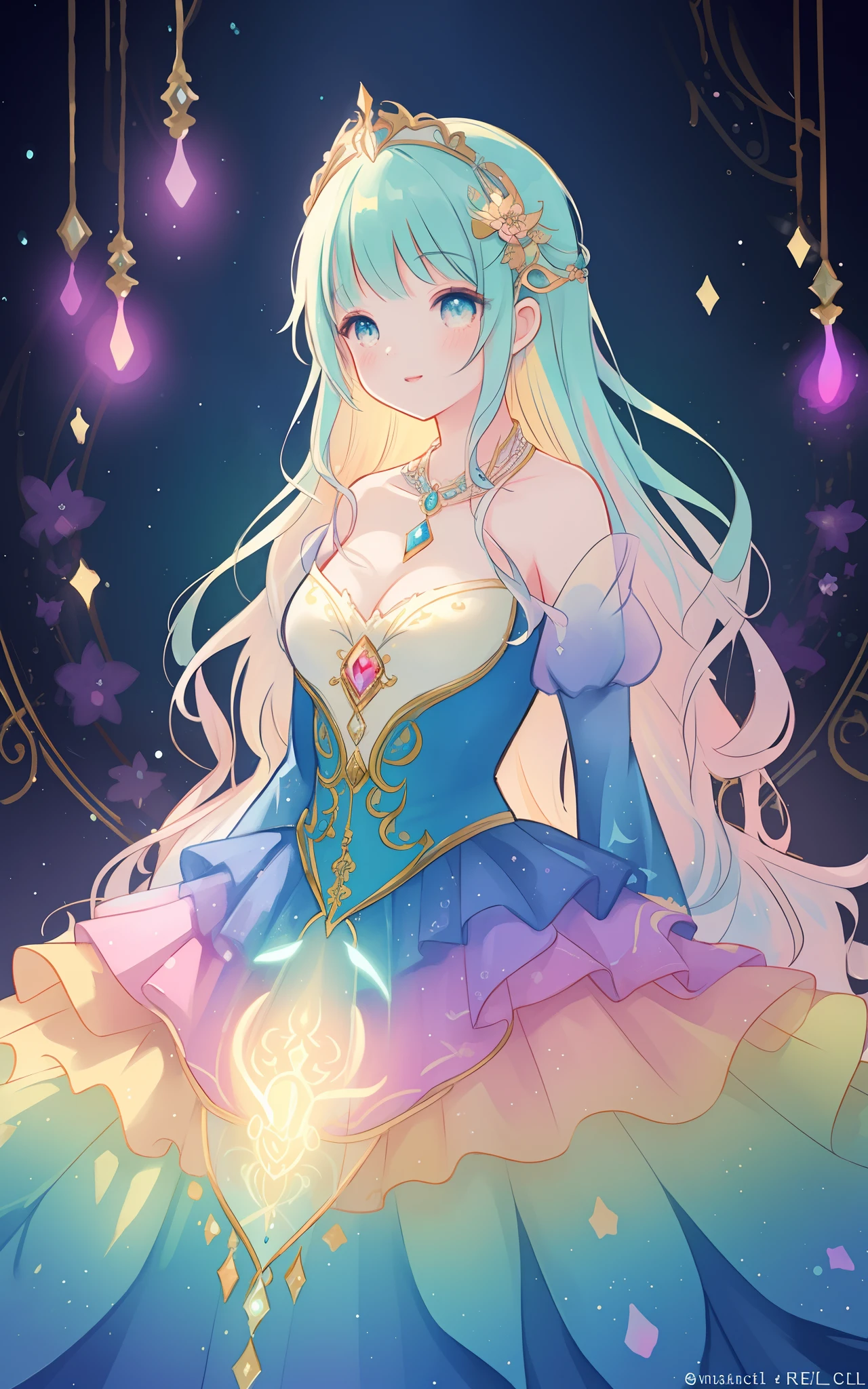 beautiful girl in an intricately designed layered rainbow ballgown, ((colorful)), flowing puffy long sleeves, young beautiful girl, flowing gown, inspired by Glen Keane, inspired by Lois van Baarle, disney art style, by Lois van Baarle, glowing aura around her, by Glen Keane, jen bartel, glowing lights! digital painting, flowing glowing hair, glowing flowing hair, beautiful digital illustration, fantasia background, whimsical, magical, fantasy, beautiful face, ((masterpiece, best quality)), intricate details, highly detailed, sharp focus, 8k resolution, sparkling detailed eyes, liquid watercolor
