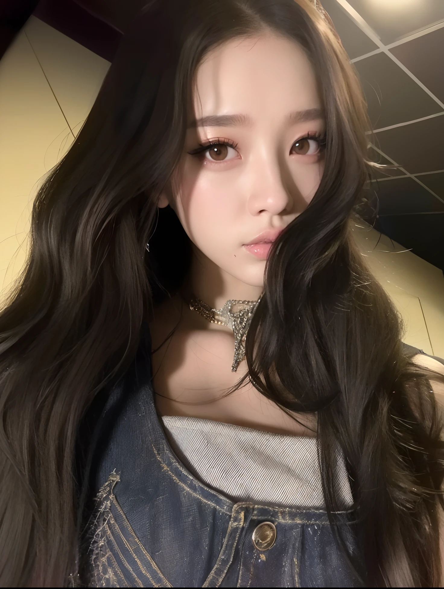 um close up de uma mulher com cabelos longos dourados usando um vestido jeans, Ulzzang, Jisoo do Blackpink, jisoo do blackpink, com cabelos longos e olhos penetrantes, Jinyoung Canela, jennie blackpink, Jaeyeon Nam, Heonhwa Choe, coreana, Retrato Jisoo Blackpink, jossi do blackpink, Dom Yunjoo, cruel korean goth girl, Parque Ji-min