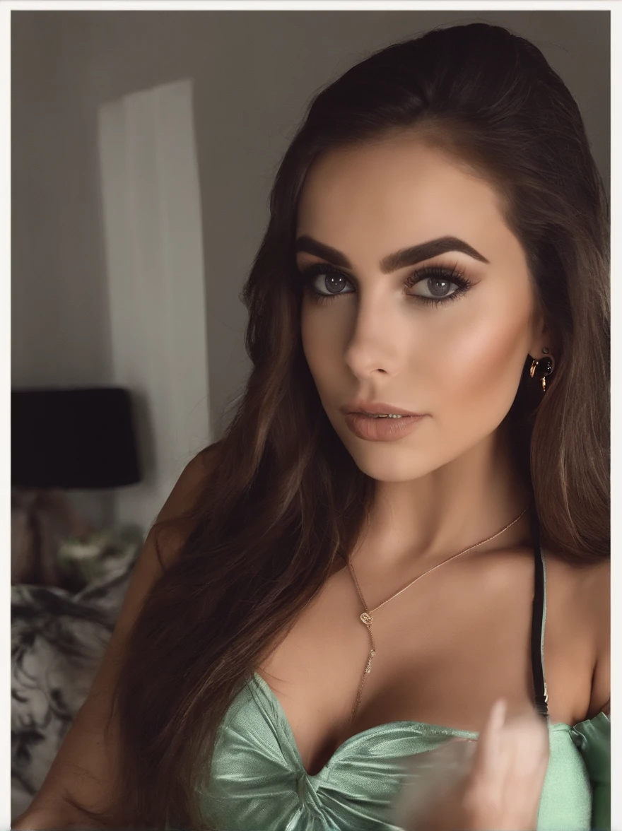 Arafed Woman wearing sexy lingerie and a necklace, Chica sexy con ojos verdes, Retrato Sophie Mudd, brown hair and large eyes, selfie de una mujer joven en un hotel lujoso, Ojos del dormitorio, Violeta Myers, sin maquillaje, Maquillaje natural, staring directly into camera, cara con artgram, maquillaje sutil, Impresionante foto de cuerpo completo, penetrantes ojos verdes, beautiful angle, Pose atractiva, Cute , pose sexy, Imagen de cuerpo entero, cuerpo completo, full body shoot, Diosa morena, High detail, Pose satisfecha