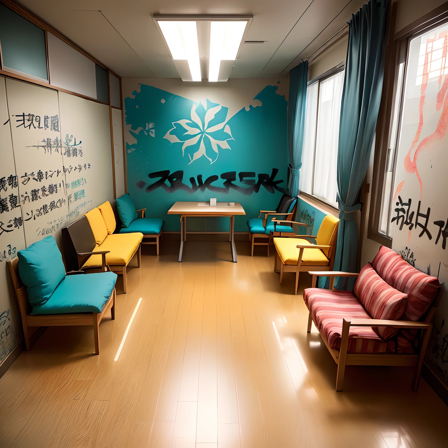 The general orientation of the institution is Japanese
Minimalism! The design should be concise , At the same time, a memorable.
1. Chairs with cushions or armchairs, Communal seat on the right wall.
2. Floor tiles
3. There is graffiti on one wall/Pattern (Wall-to-wall, or something like that)