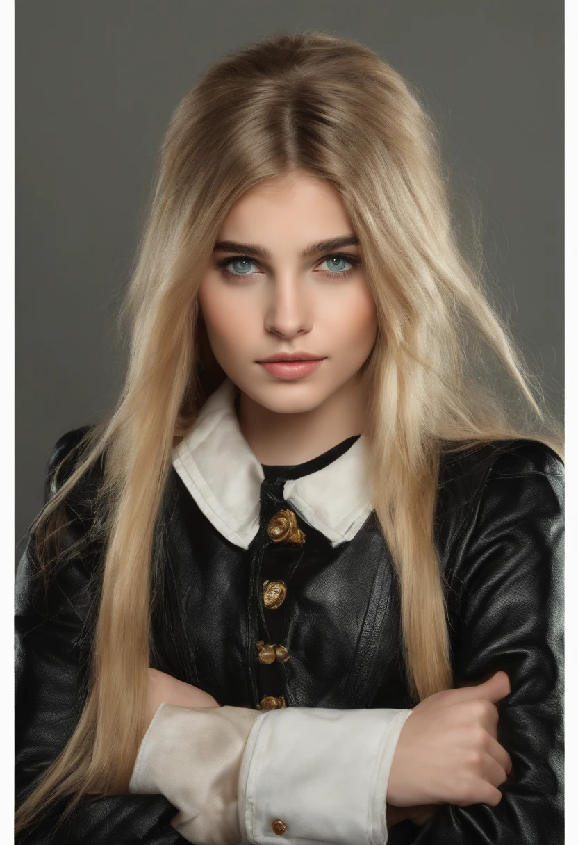 1girl, solamente, cara, retrato, Cabello largo, Cola de caballo, cabello rubio, ojos verdes, senos grandes, (chaqueta de cuero negro:1.2) , escote, escuela, ruboroso, Mirando al espectador,