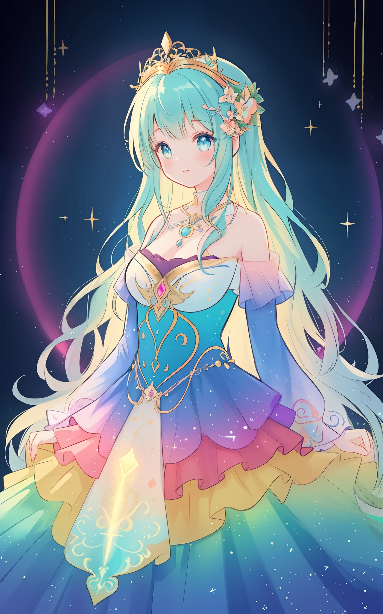 beautiful girl in an intricately designed layered rainbow ballgown, ((colorful)), flowing puffy long sleeves, young beautiful girl, flowing gown, inspired by Glen Keane, inspired by Lois van Baarle, disney art style, by Lois van Baarle, glowing aura around her, by Glen Keane, jen bartel, glowing lights! digital painting, flowing glowing hair, glowing flowing hair, beautiful digital illustration, fantasia background, whimsical, magical, fantasy, beautiful face, ((masterpiece, best quality)), intricate details, highly detailed, sharp focus, 8k resolution, sparkling detailed eyes, liquid watercolor