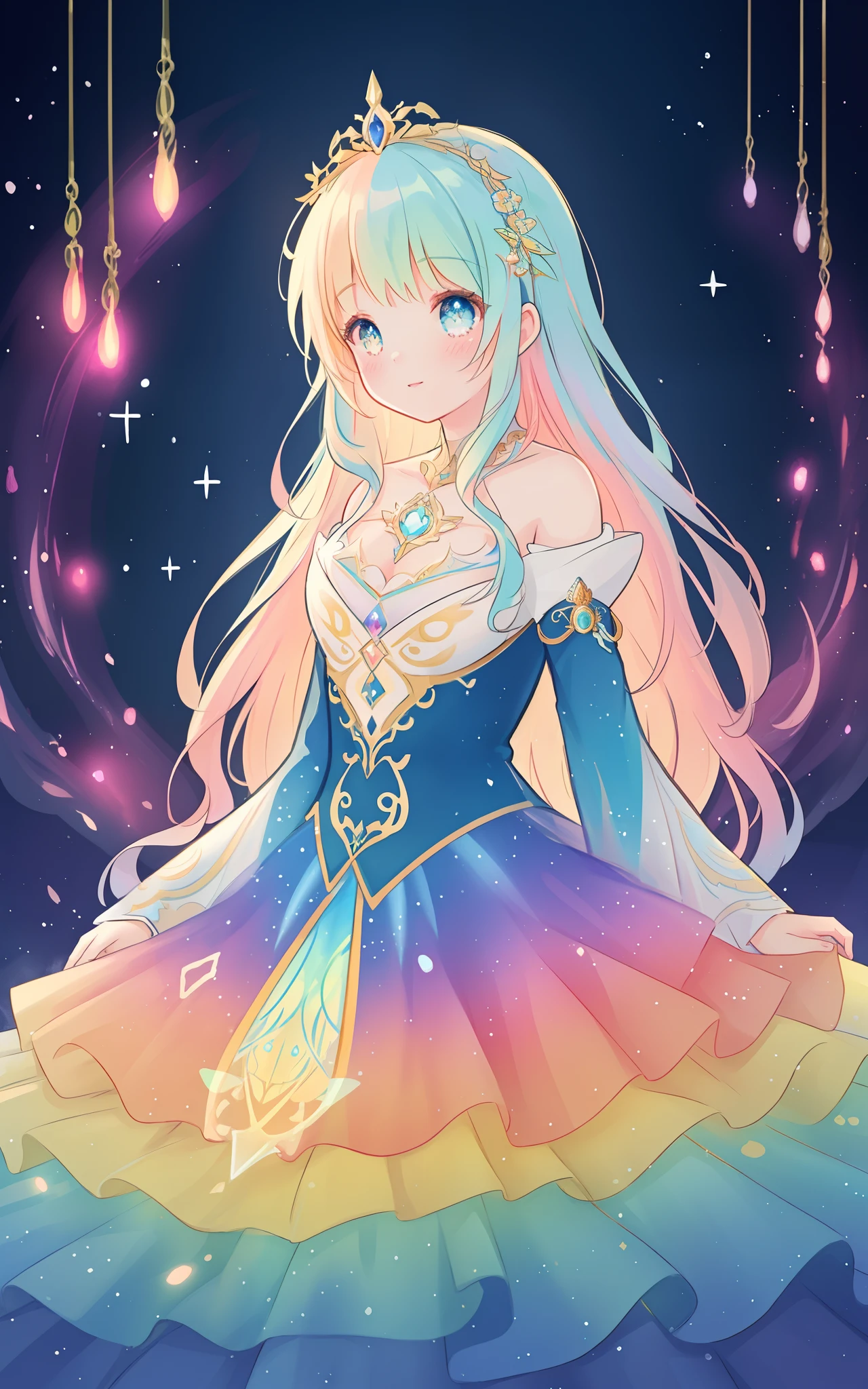 beautiful girl in an intricately designed layered rainbow ballgown, ((colorful)), flowing puffy long sleeves, young beautiful girl, flowing gown, inspired by Glen Keane, inspired by Lois van Baarle, disney art style, by Lois van Baarle, glowing aura around her, by Glen Keane, jen bartel, glowing lights! digital painting, flowing glowing hair, glowing flowing hair, beautiful digital illustration, fantasia background, whimsical, magical, fantasy, beautiful face, ((masterpiece, best quality)), intricate details, highly detailed, sharp focus, 8k resolution, sparkling detailed eyes, liquid watercolor