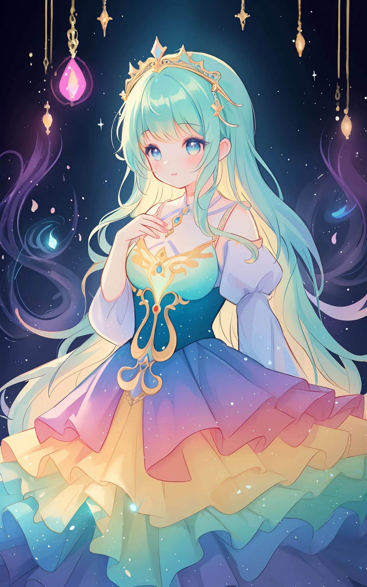 beautiful girl in an intricately designed layered rainbow ballgown, ((colorful)), flowing puffy long sleeves, young beautiful girl, flowing gown, inspired by Glen Keane, inspired by Lois van Baarle, disney art style, by Lois van Baarle, glowing aura around her, by Glen Keane, jen bartel, glowing lights! digital painting, flowing glowing hair, glowing flowing hair, beautiful digital illustration, fantasia background, whimsical, magical, fantasy, beautiful face, ((masterpiece, best quality)), intricate details, highly detailed, sharp focus, 8k resolution, sparkling detailed eyes, liquid watercolor