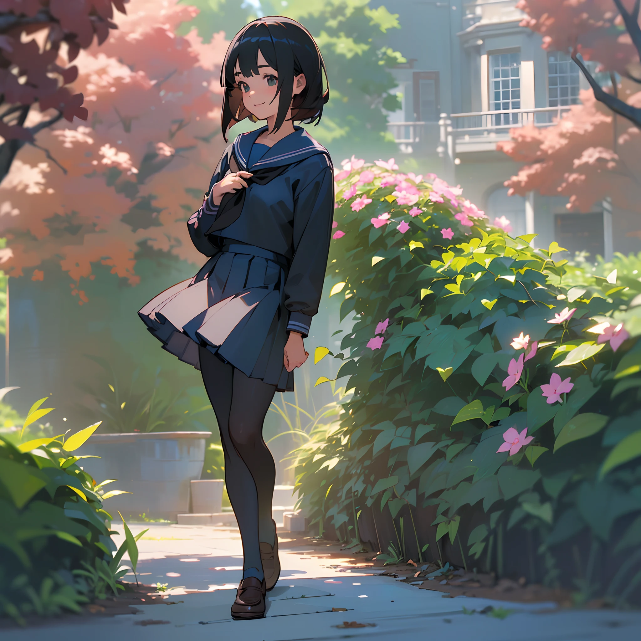 (Best Quality, hight resolution, Ultra-detailed, Realistic:1.37), peaceful ambiance, (plein air, garden), Teenage girl standing alone, Beautiful detailed features, Cute smile, ((Black bob hair)),Navy blue sailor suit, Pleated skirt,Black tights,Brown leather shoes.