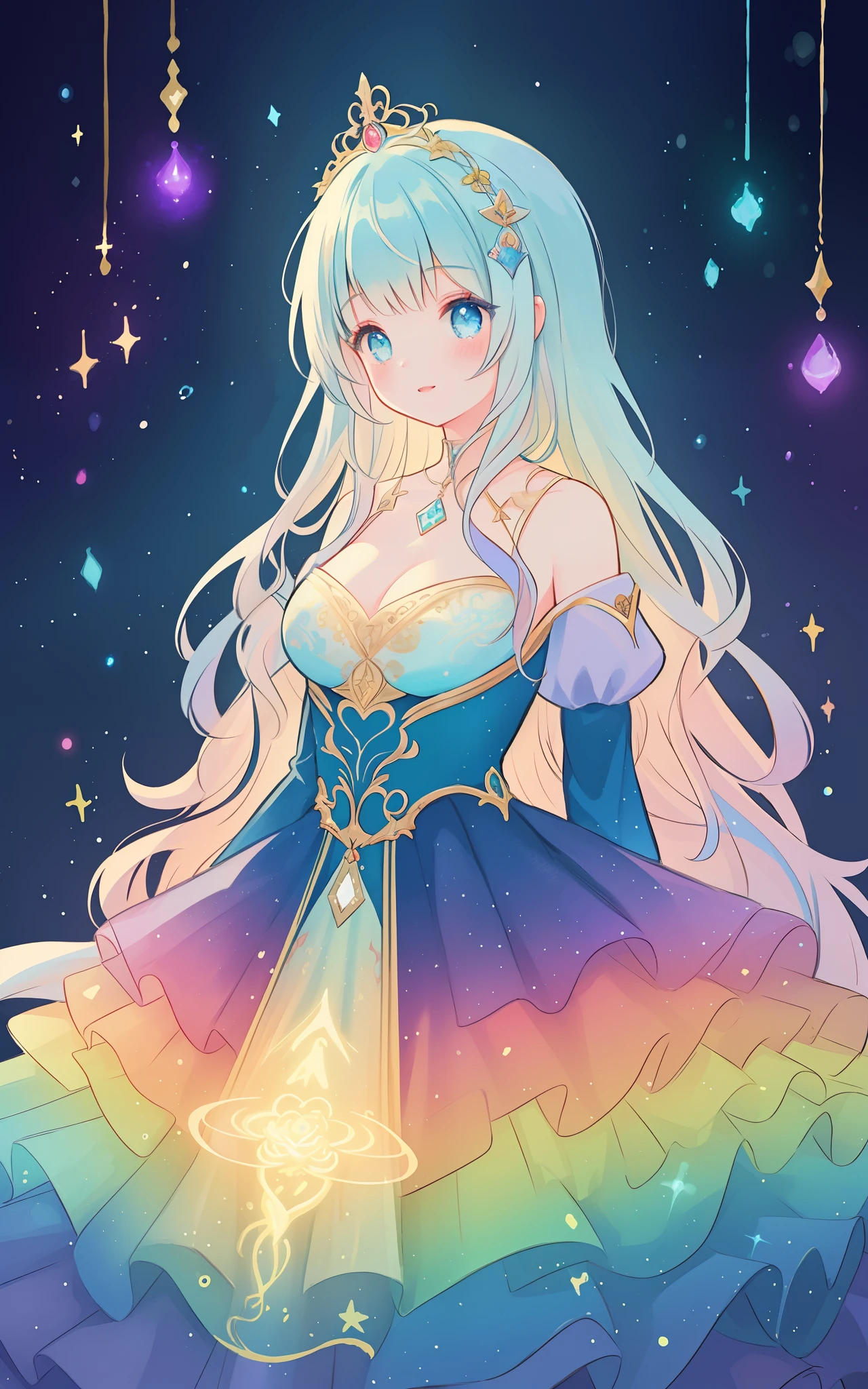 beautiful girl in an intricately designed layered rainbow ballgown, ((colorful)), flowing puffy long sleeves, young beautiful girl, flowing gown, inspired by Glen Keane, inspired by Lois van Baarle, disney art style, by Lois van Baarle, glowing aura around her, by Glen Keane, jen bartel, glowing lights! digital painting, flowing glowing hair, glowing flowing hair, beautiful digital illustration, fantasia background, whimsical, magical, fantasy, beautiful face, ((masterpiece, best quality)), intricate details, highly detailed, sharp focus, 8k resolution, sparkling detailed eyes, liquid watercolor