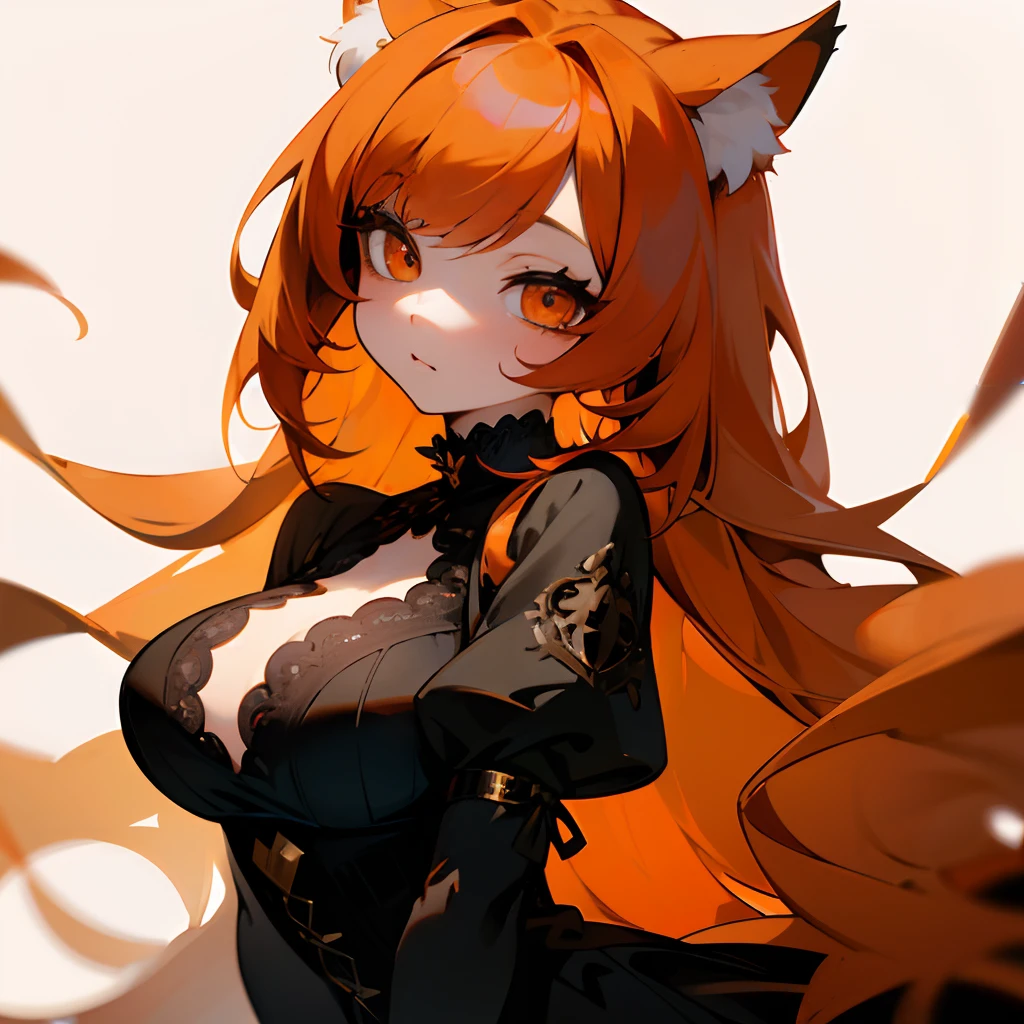 masterpiece, detailed, soft lighting, goth catgirl with long orange hair, orange eyes chibi, large breasts, white background, simple background, intricately eyes, intricately hair, intricately clothing, 4k