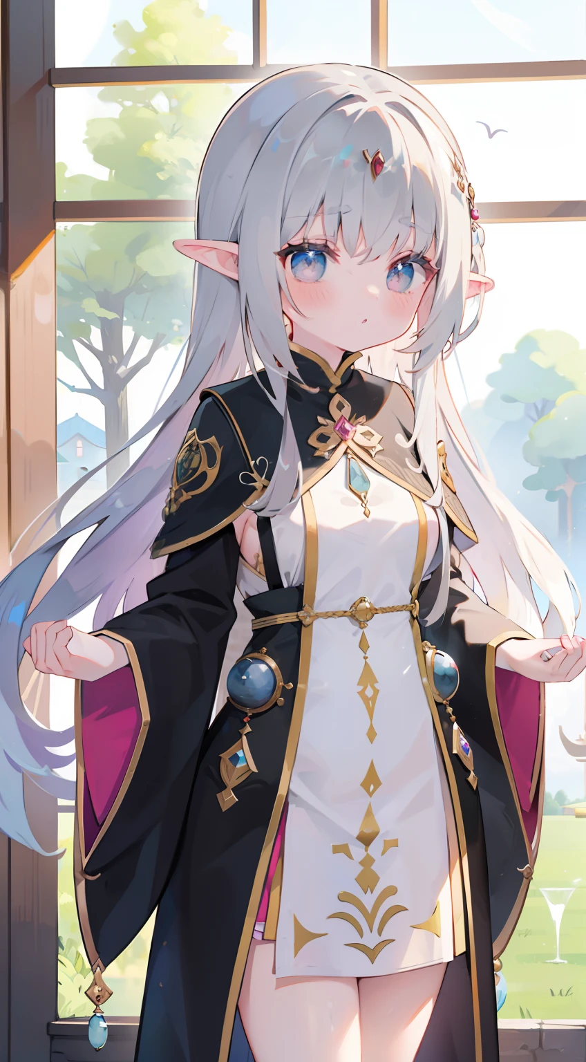 One girl、silber hair、hime-cut、cute little、small tits、Elven ears、masterpiece、top-quality、Top image quality、prayer beads、Black monastic vestments、chies,Cultivated woman,s ass