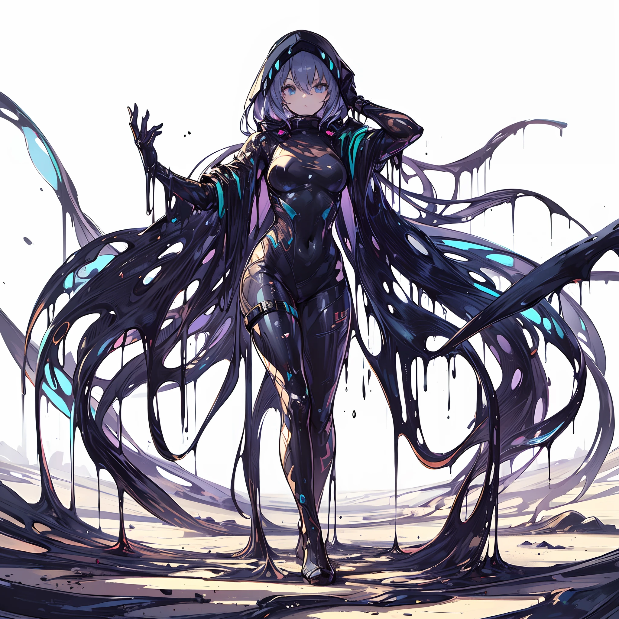 (Masterpiece, best quality), (perfect athlete body:1.2), (detailed hair), ultra-detailed, anime style, full body, white background cool illustration, whole body, cyber ninja GIRL, wearing oversized wear, changing into liquid slime. standing on wasteland.