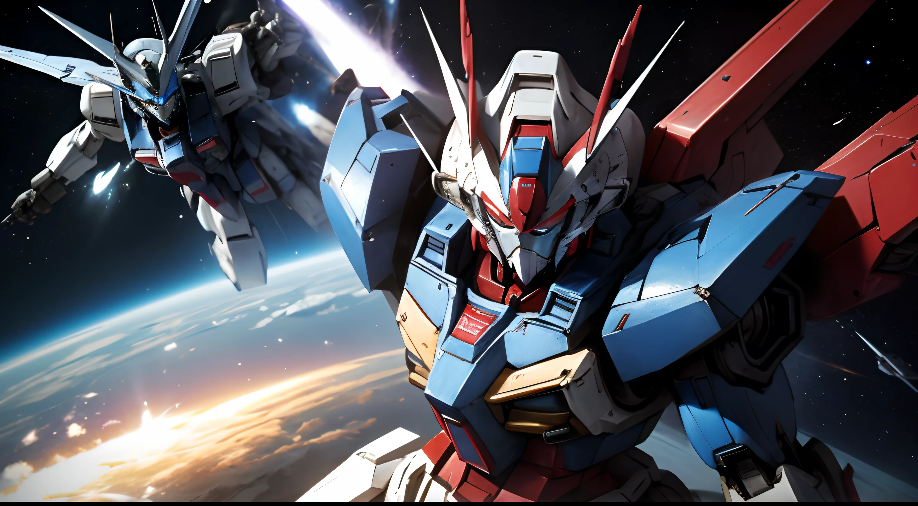 Blue and redZZGundam、Mobile Suit Robot、Engage fiercely with enemy mobile armored robots、flying in space