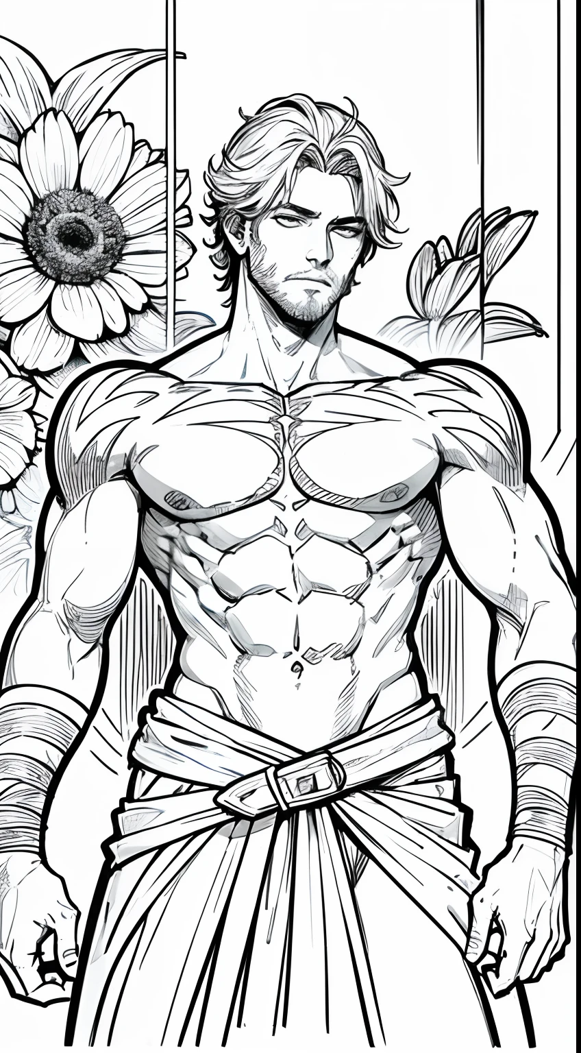Obra maestra, superlativo, Orejas de zorro, masculino , solamente,full body, Primer plano del busto, flower line drawing background, fondo blanco, monocromo, line drawing, ((bosquejo))