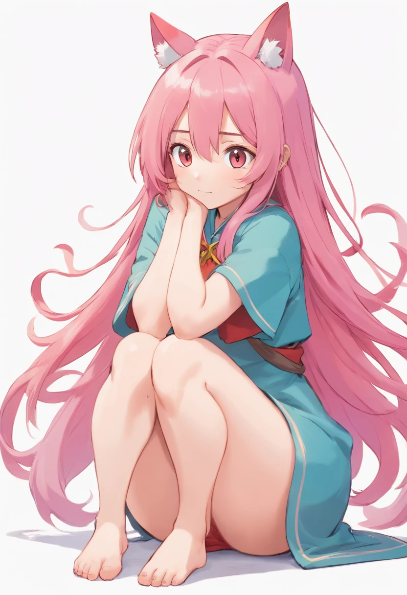 27yr old female ,curvy , Long straight Pink hair , dog ears, no pet, masterpiece, best quality, empty white background, full body image, on knees, kneeling