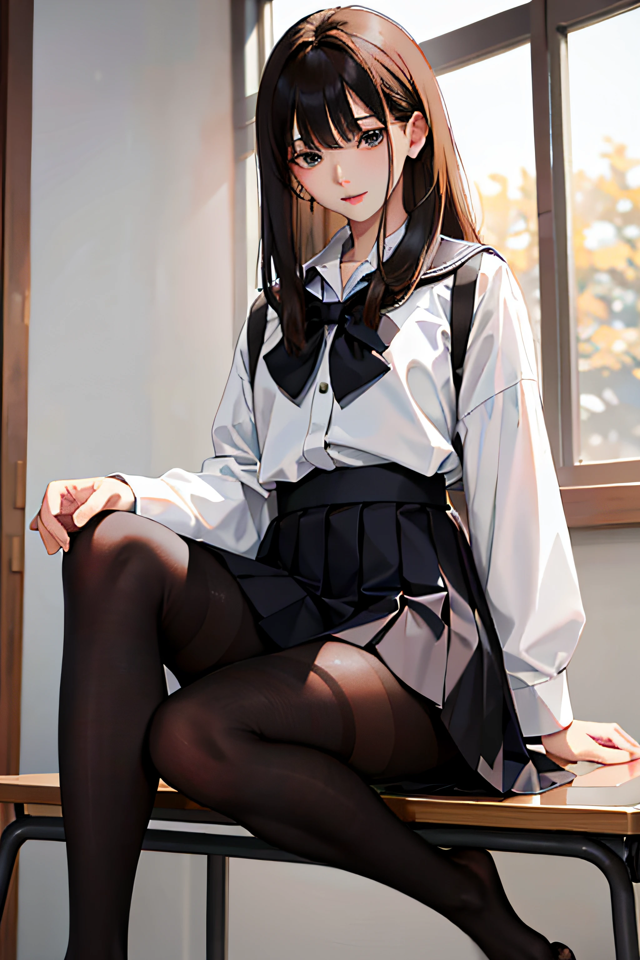 (tmasterpiece:1.2, Need), (Realphotos, Crafted with meticulous precision), 独奏, 1lady, Japanese school uniform，white  shirt+a black pleated skirt, long whitr hair，Brunette hair，Black pantyhose，‎Classroom，（feet focus:1.2）